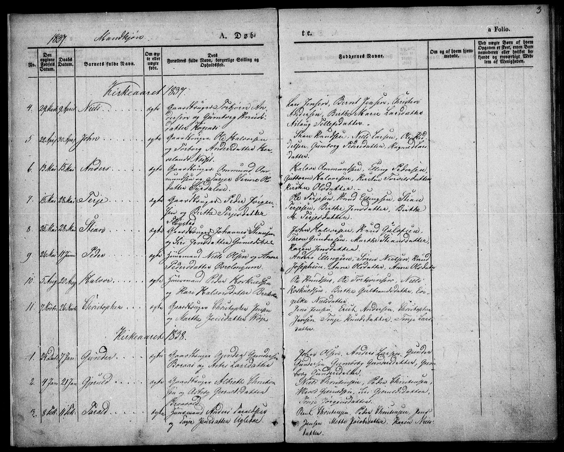 Austre Moland sokneprestkontor, SAK/1111-0001/F/Fa/Faa/L0006: Parish register (official) no. A 6, 1837-1846, p. 3