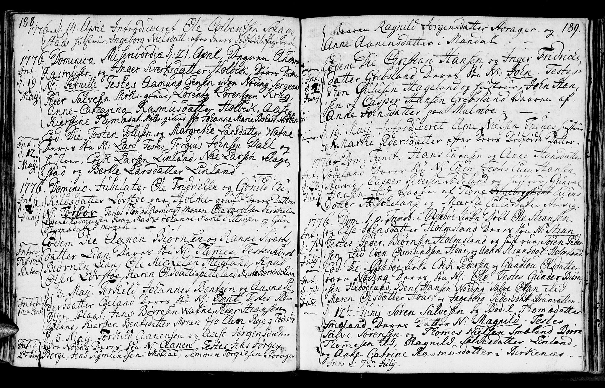 Holum sokneprestkontor, SAK/1111-0022/F/Fa/Faa/L0002: Parish register (official) no. A 2, 1756-1780, p. 188-189