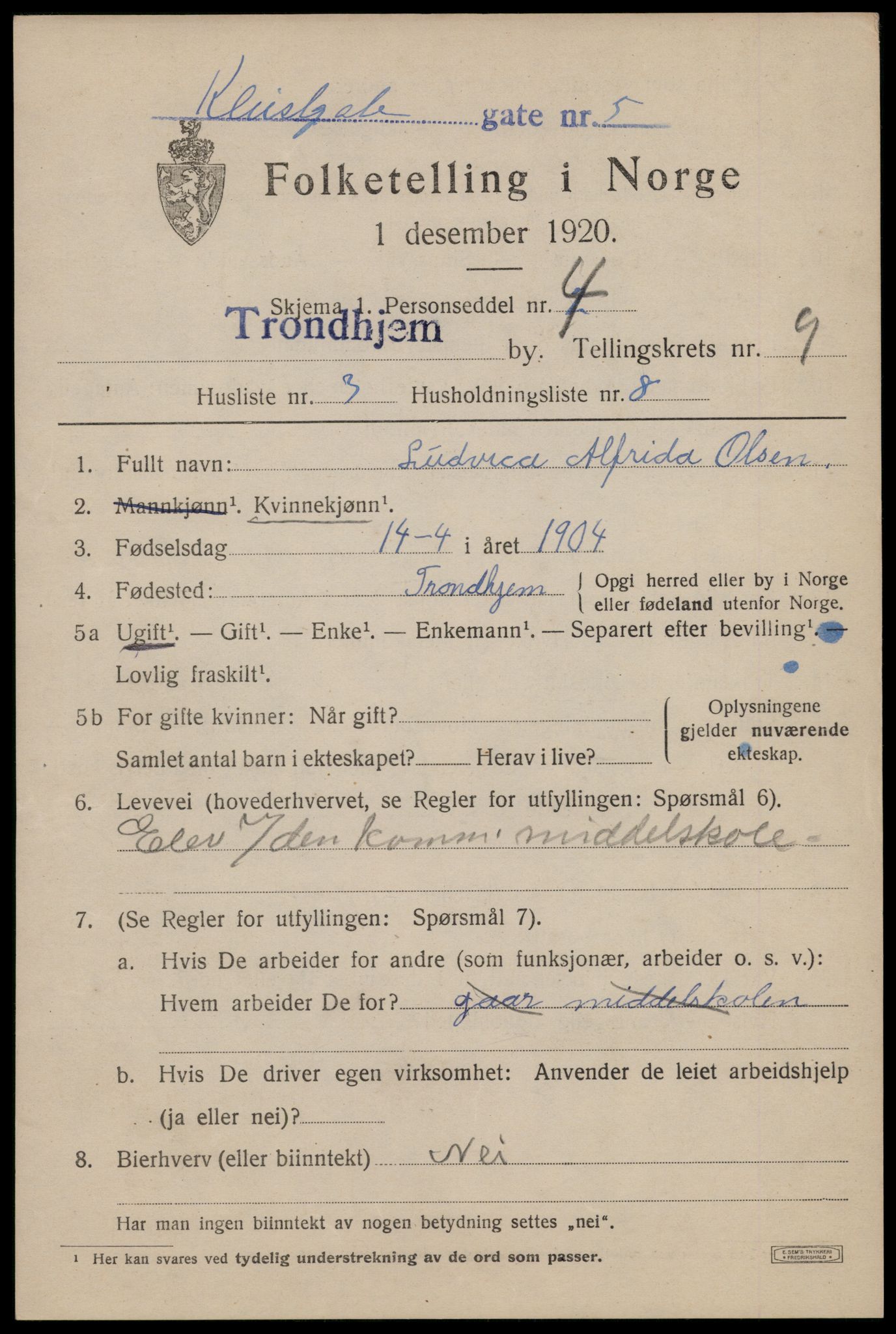 SAT, 1920 census for Trondheim, 1920, p. 43748