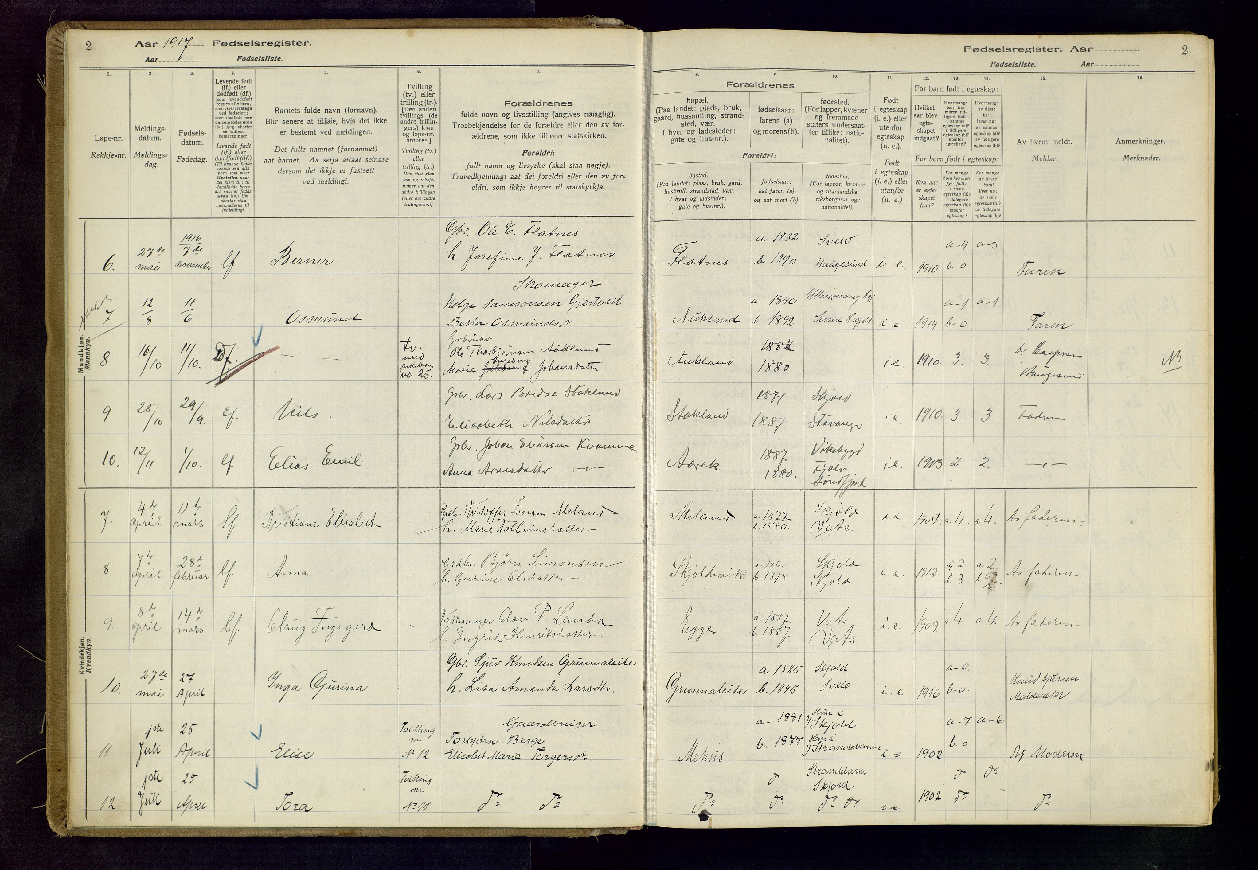 Skjold sokneprestkontor, SAST/A-101847/I/Id/L0001: Birth register no. 1, 1917-1951, p. 2