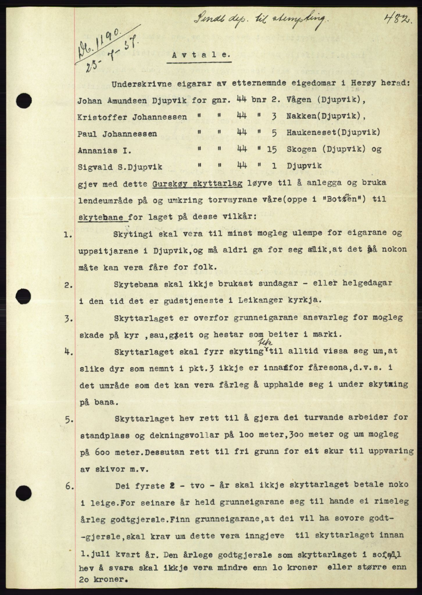 Søre Sunnmøre sorenskriveri, AV/SAT-A-4122/1/2/2C/L0063: Mortgage book no. 57, 1937-1937, Diary no: : 1190/1937