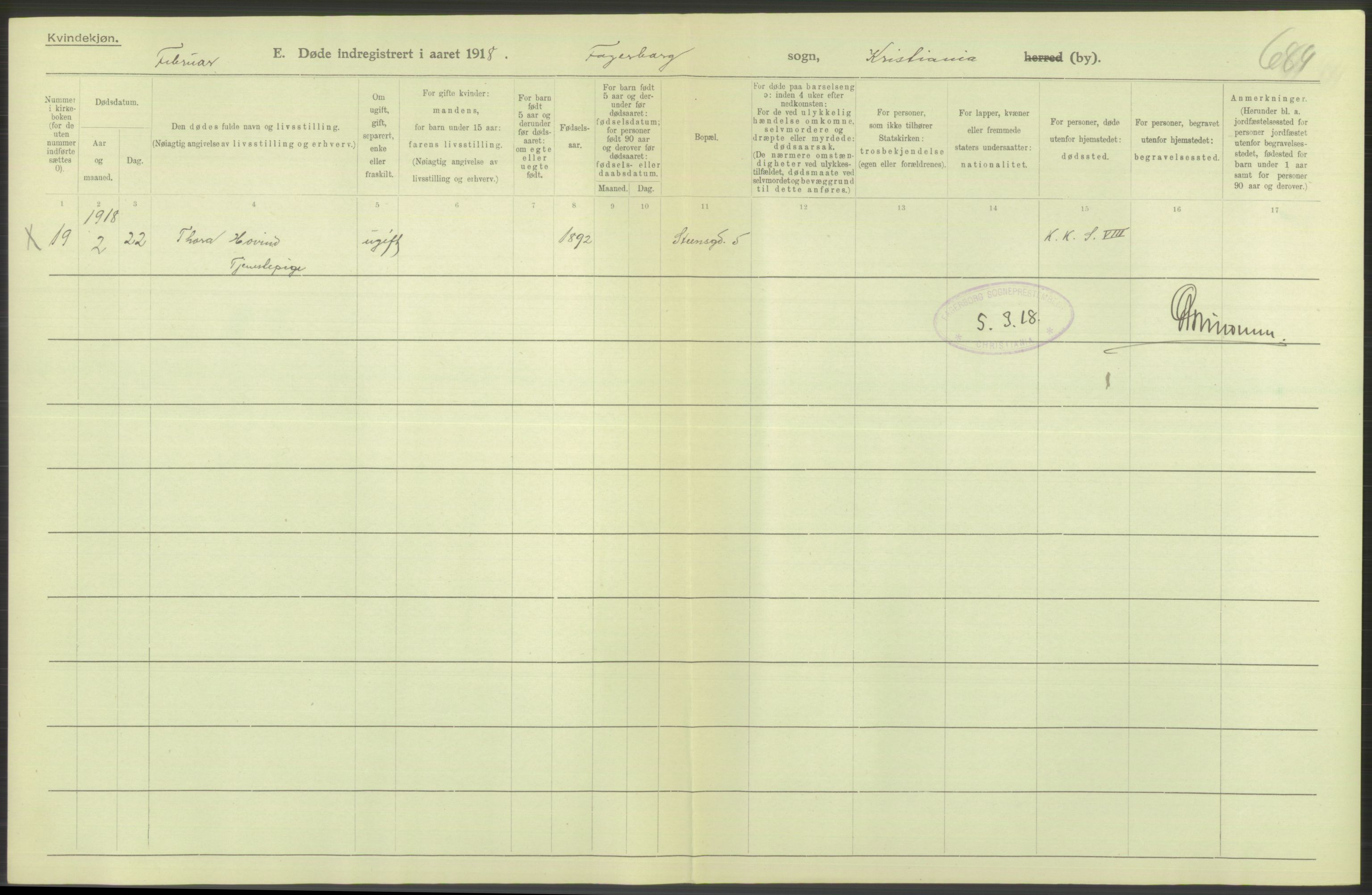 Statistisk sentralbyrå, Sosiodemografiske emner, Befolkning, RA/S-2228/D/Df/Dfb/Dfbh/L0010: Kristiania: Døde, 1918, p. 274