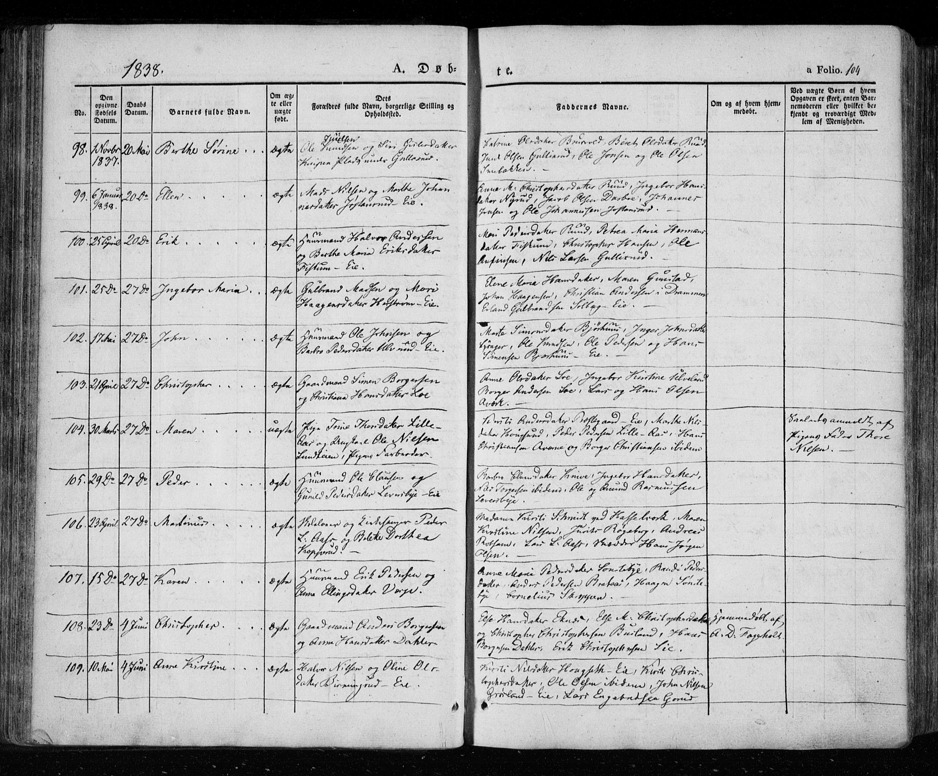 Eiker kirkebøker, SAKO/A-4/F/Fa/L0013a: Parish register (official) no. I 13A, 1832-1845, p. 104