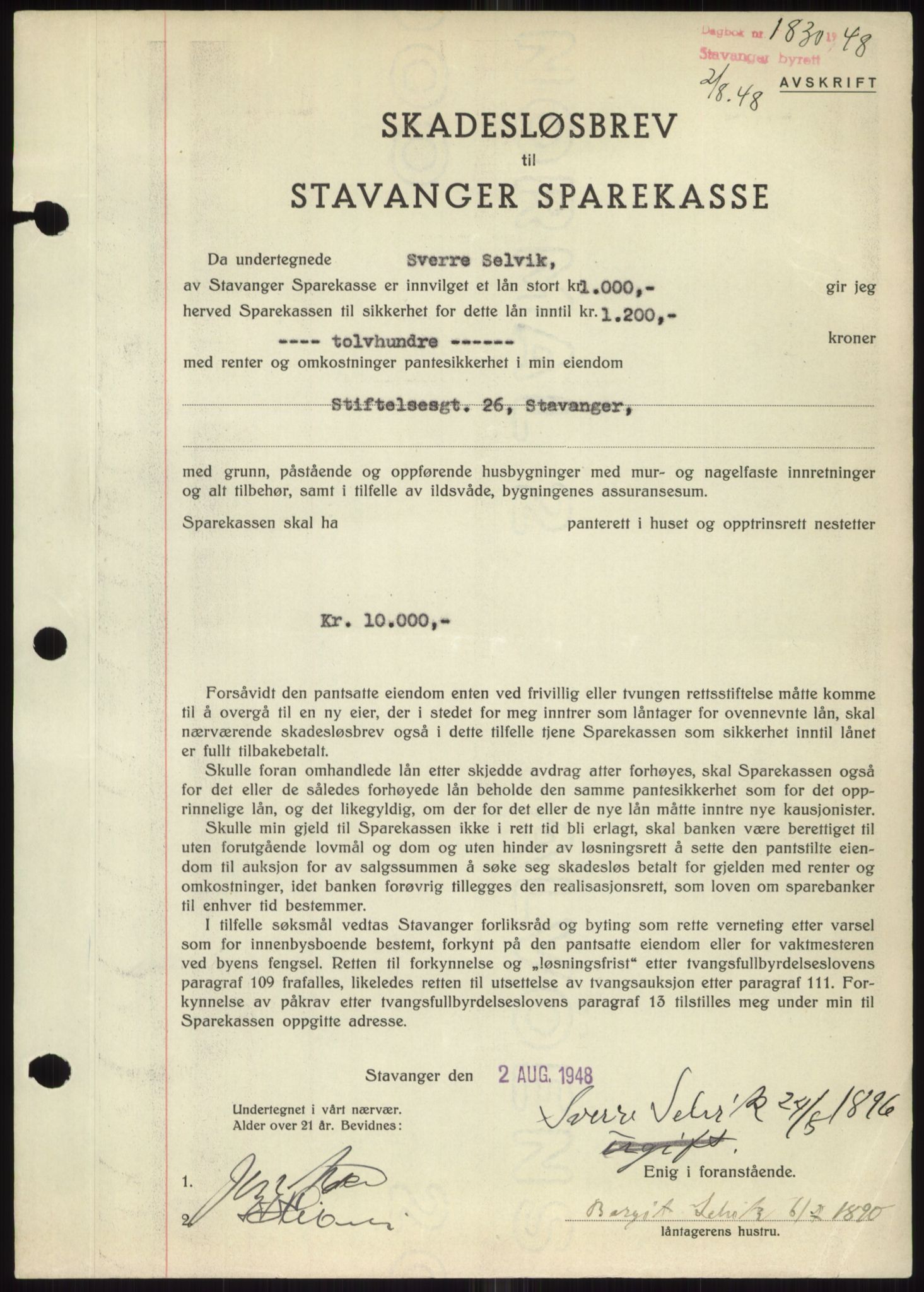 Stavanger byrett, SAST/A-100455/002/G/Gb/L0032: Mortgage book, 1947-1950, Diary no: : 1830/1948