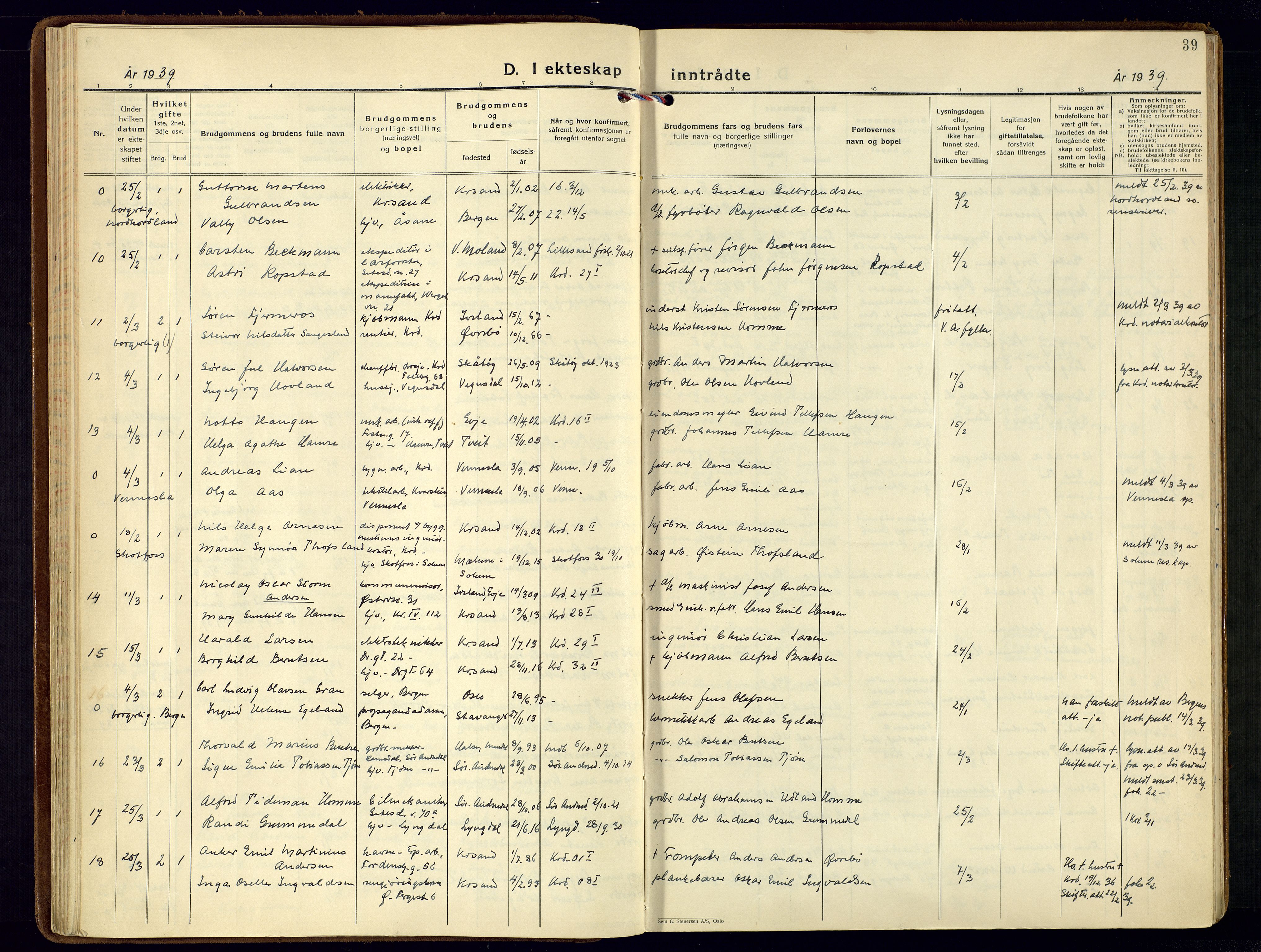 Kristiansand domprosti, AV/SAK-1112-0006/F/Fa/L0035: Parish register (official) no. A-34, 1936-1945, p. 39