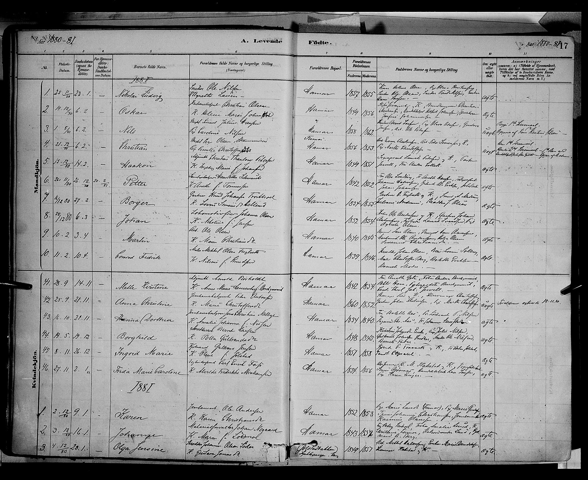 Vang prestekontor, Hedmark, SAH/PREST-008/H/Ha/Haa/L0016: Parish register (official) no. 16, 1878-1889, p. 17