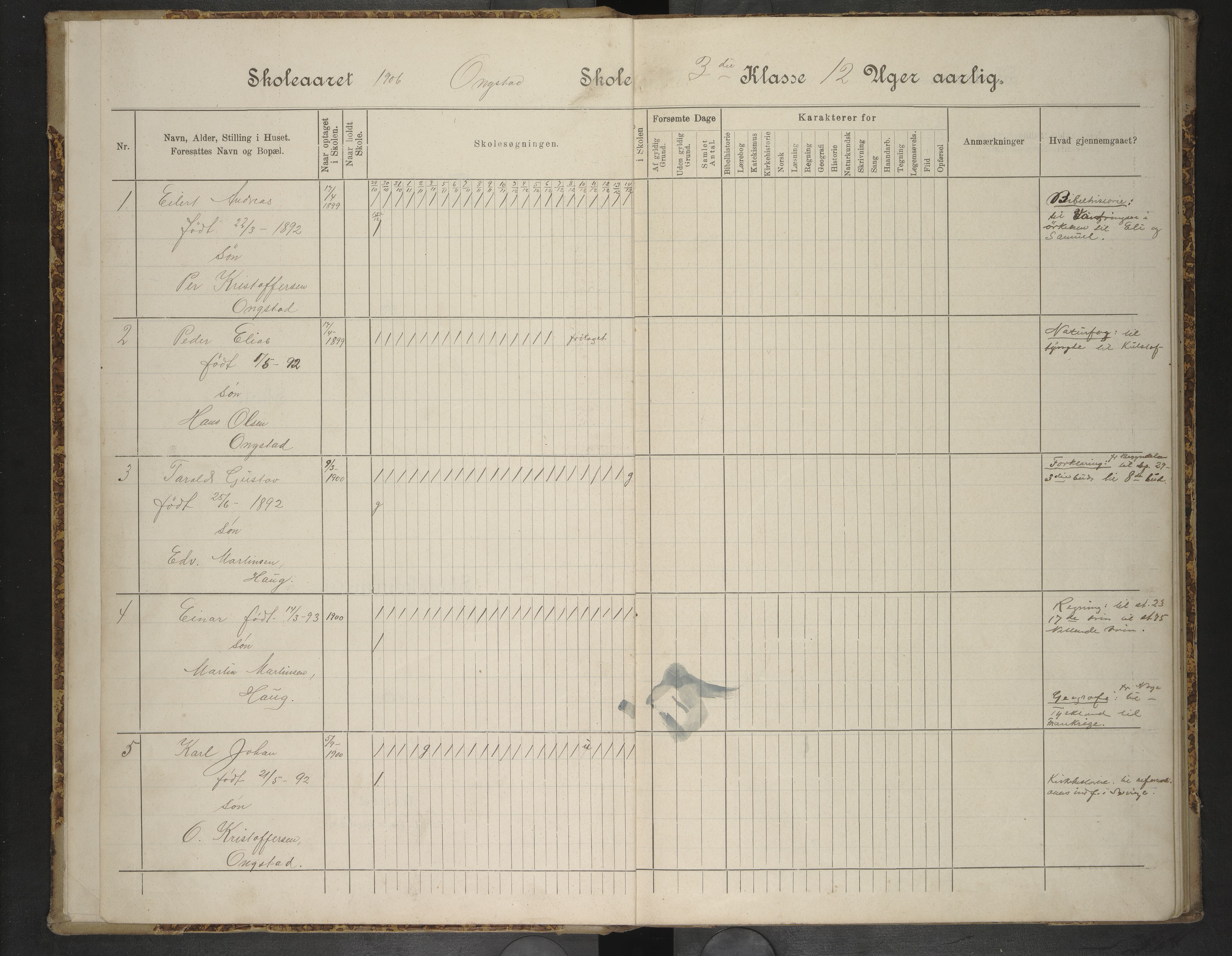 Hadsel kommune. Ongstad skolekrets, AIN/K-18660.510.26/F/Fa/L0003: Skoleprotokoll for Ongstad skole, 1906-1910