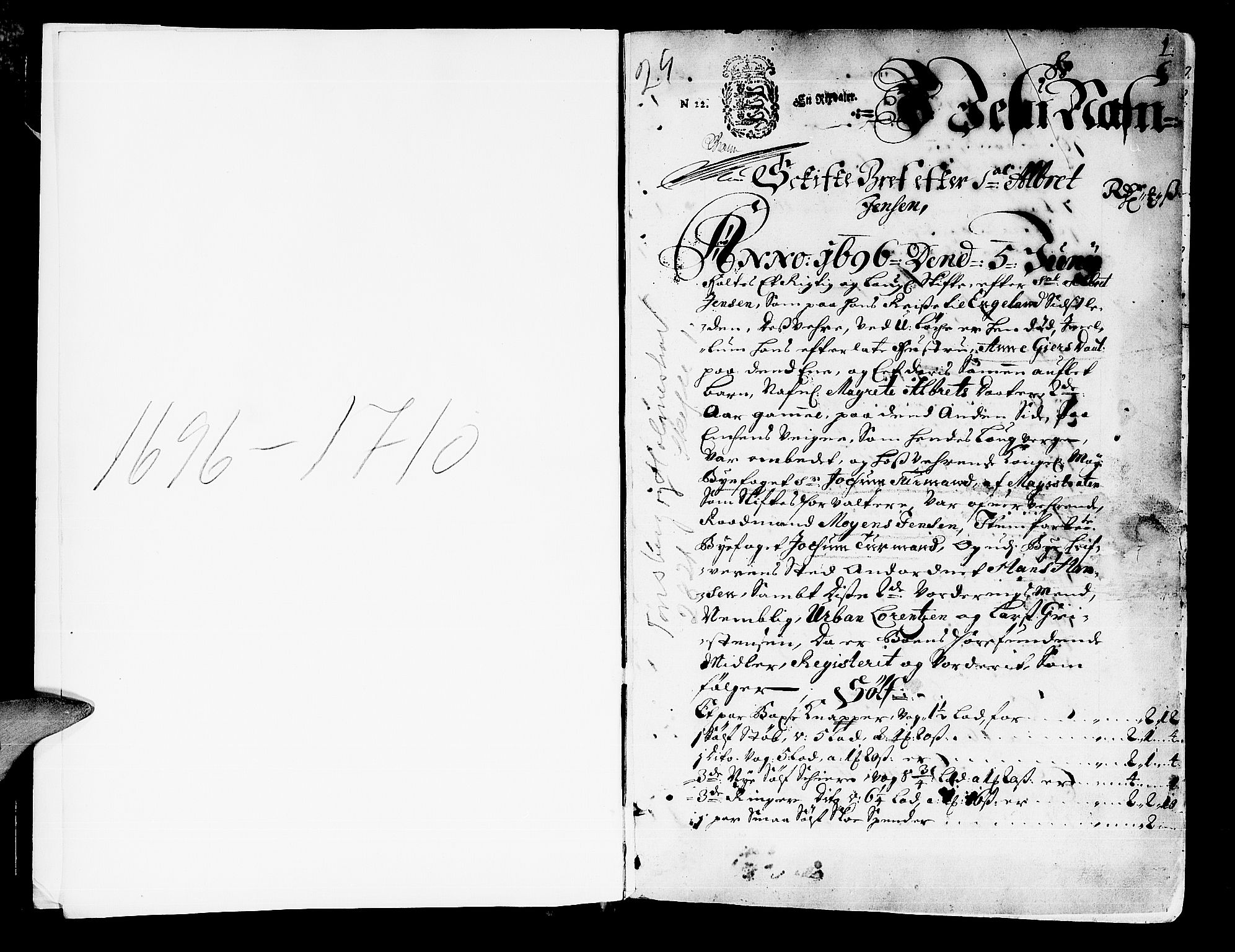 Tønsberg byfogd, AV/SAKO-A-224/H/Hb/L0001: Skifteprotokoll, 1696-1710, p. 0b-1a