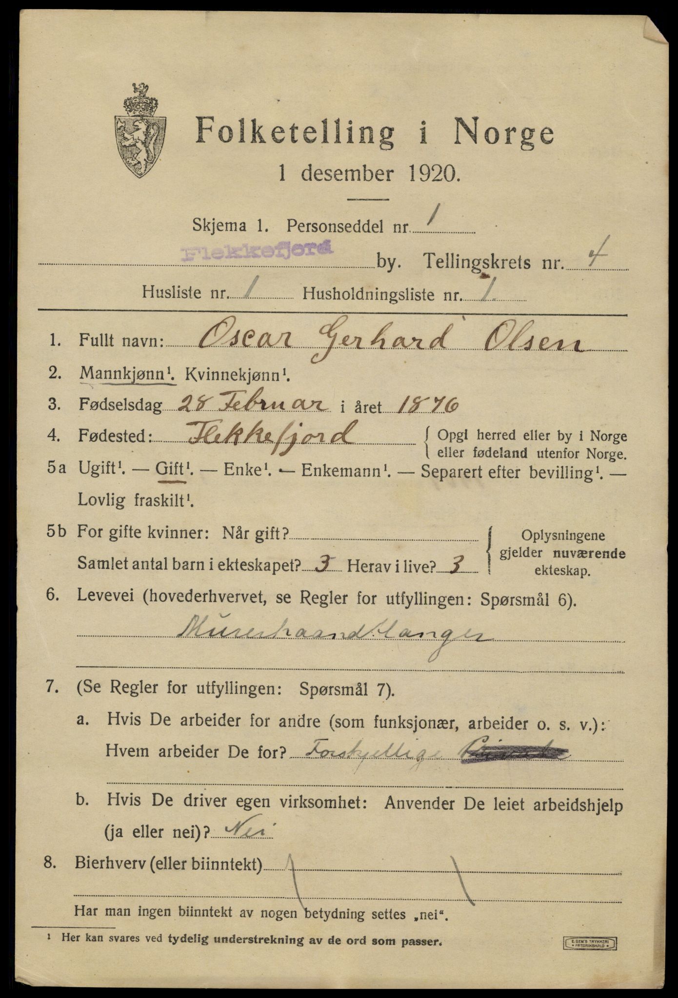 SAK, 1920 census for Flekkefjord, 1920, p. 4436