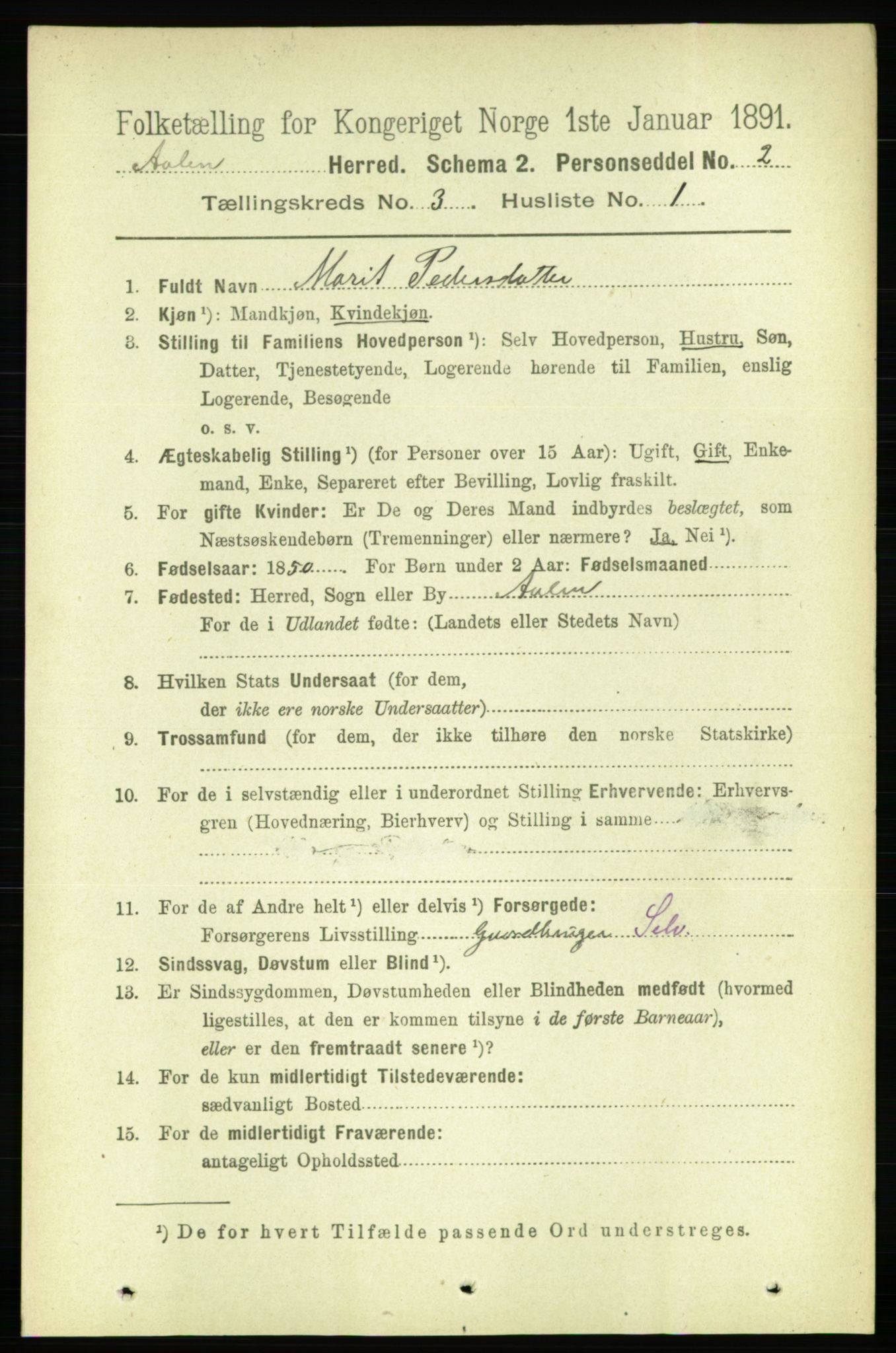 RA, 1891 census for 1644 Ålen, 1891, p. 737