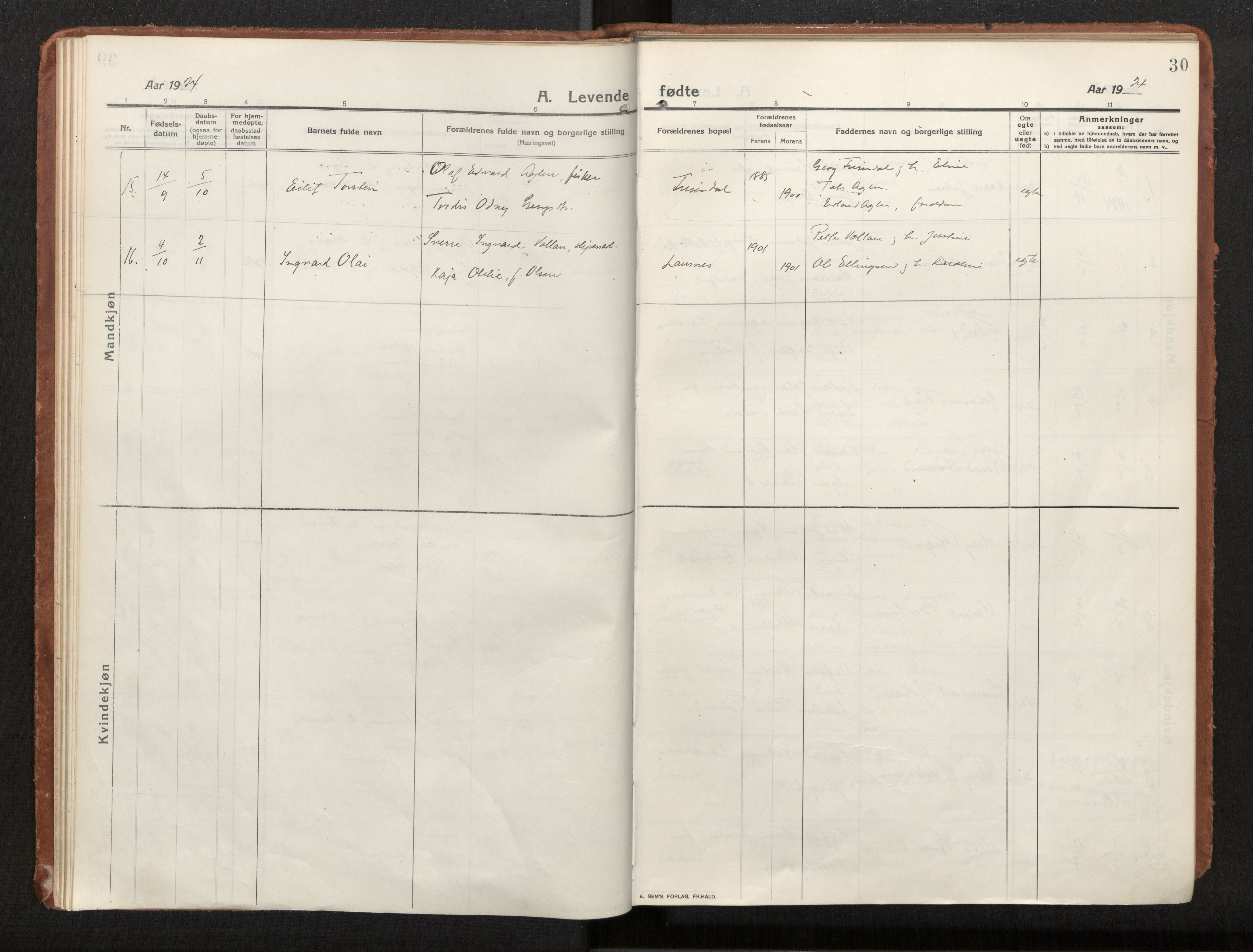 Ministerialprotokoller, klokkerbøker og fødselsregistre - Nord-Trøndelag, AV/SAT-A-1458/772/L0604: Parish register (official) no. 772A02, 1913-1937, p. 30