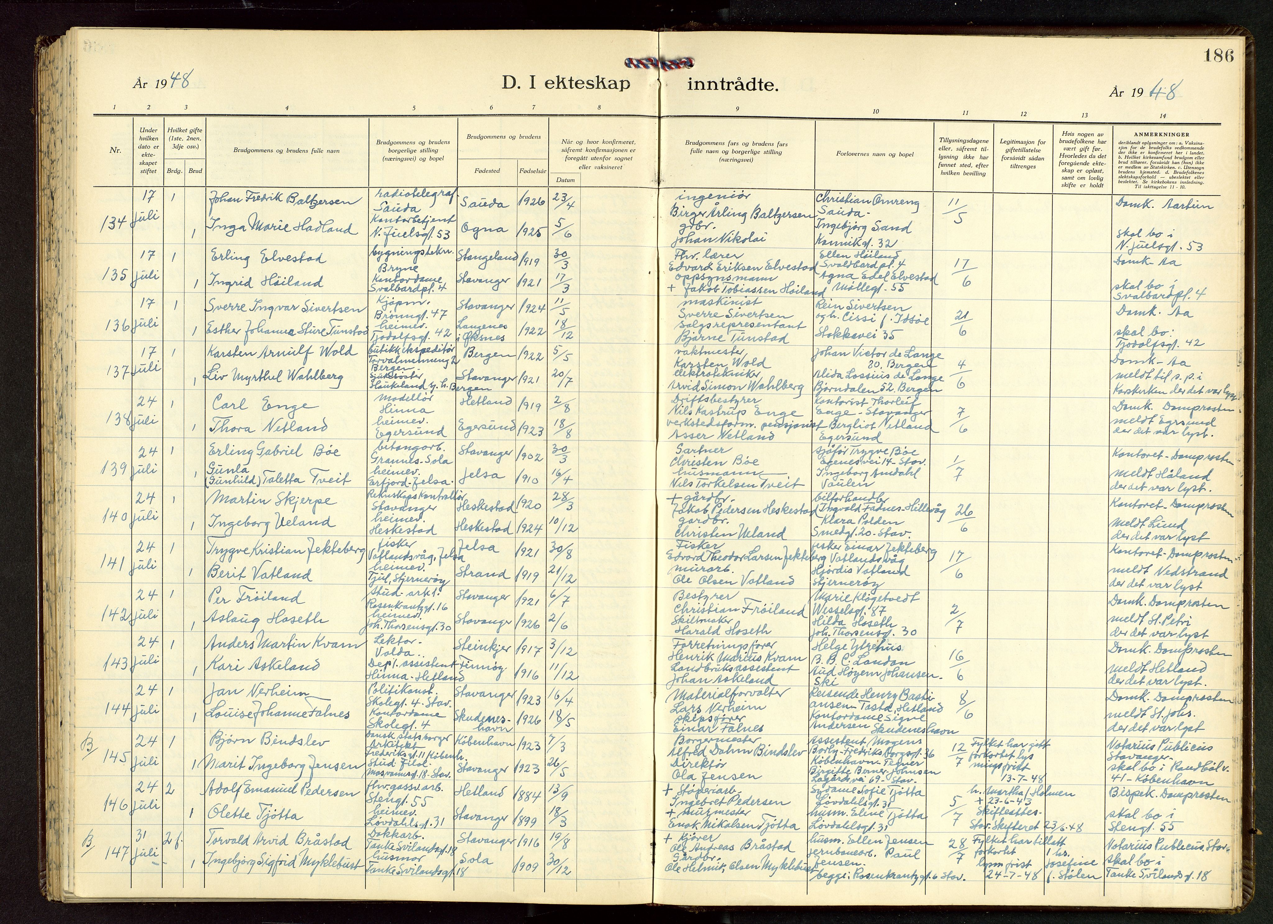 Domkirken sokneprestkontor, SAST/A-101812/001/30/30BB/L0022: Parish register (copy) no. B 22, 1937-1949, p. 186