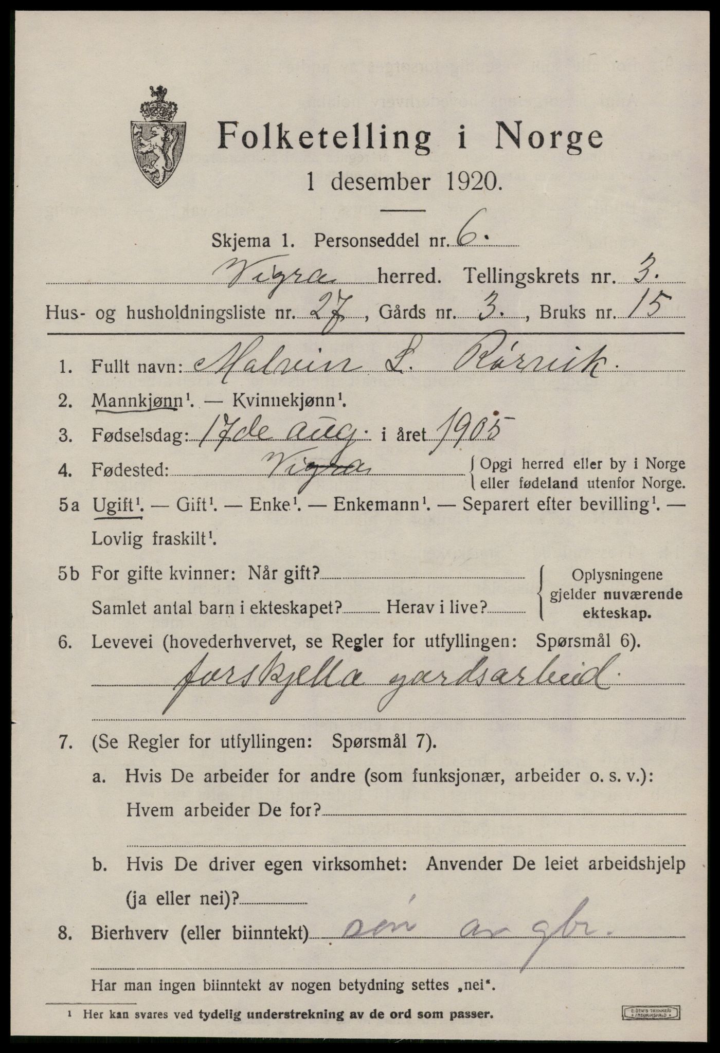 SAT, 1920 census for Vigra, 1920, p. 1732