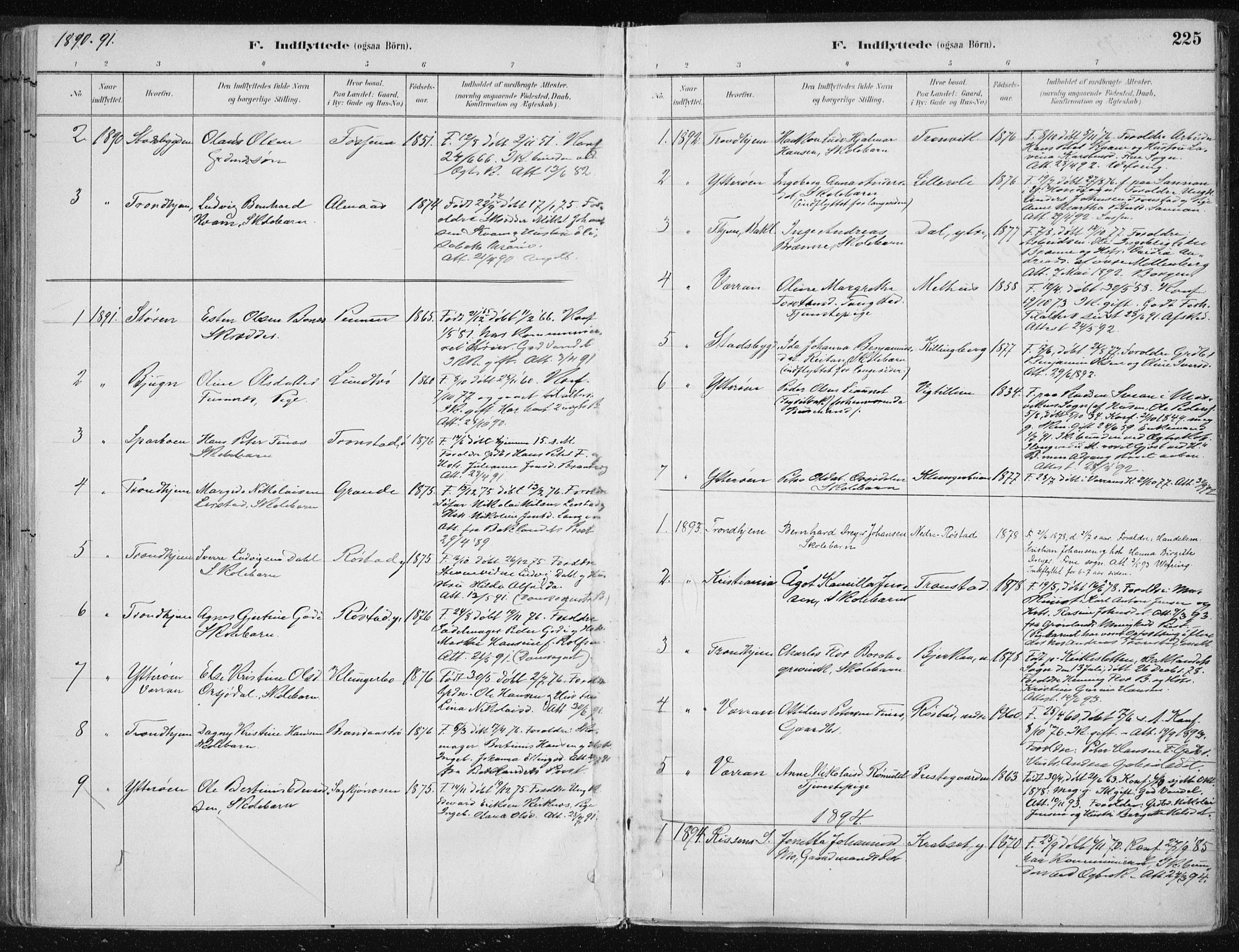 Ministerialprotokoller, klokkerbøker og fødselsregistre - Nord-Trøndelag, SAT/A-1458/701/L0010: Parish register (official) no. 701A10, 1883-1899, p. 225