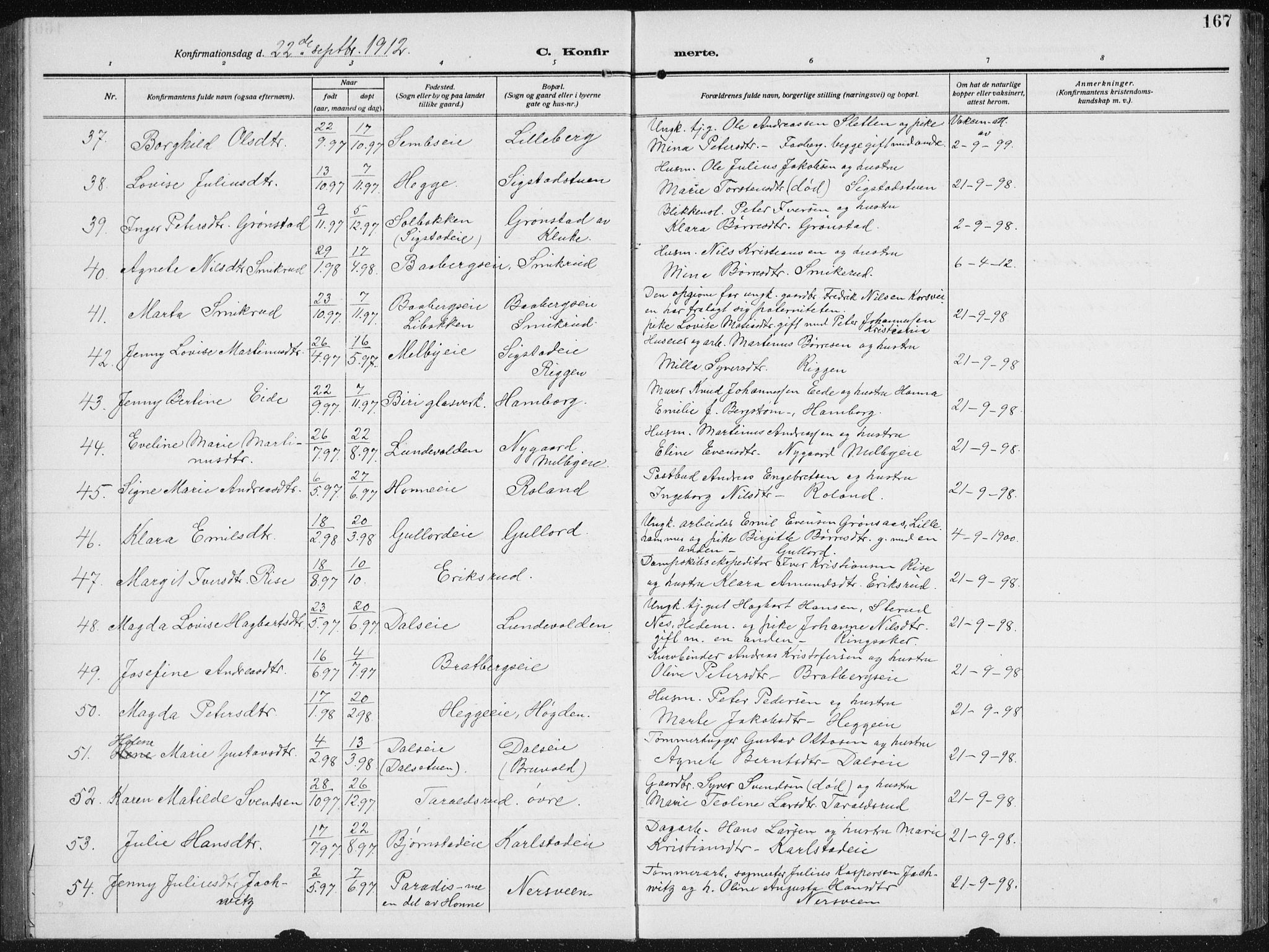 Biri prestekontor, AV/SAH-PREST-096/H/Ha/Hab/L0006: Parish register (copy) no. 6, 1909-1938, p. 167