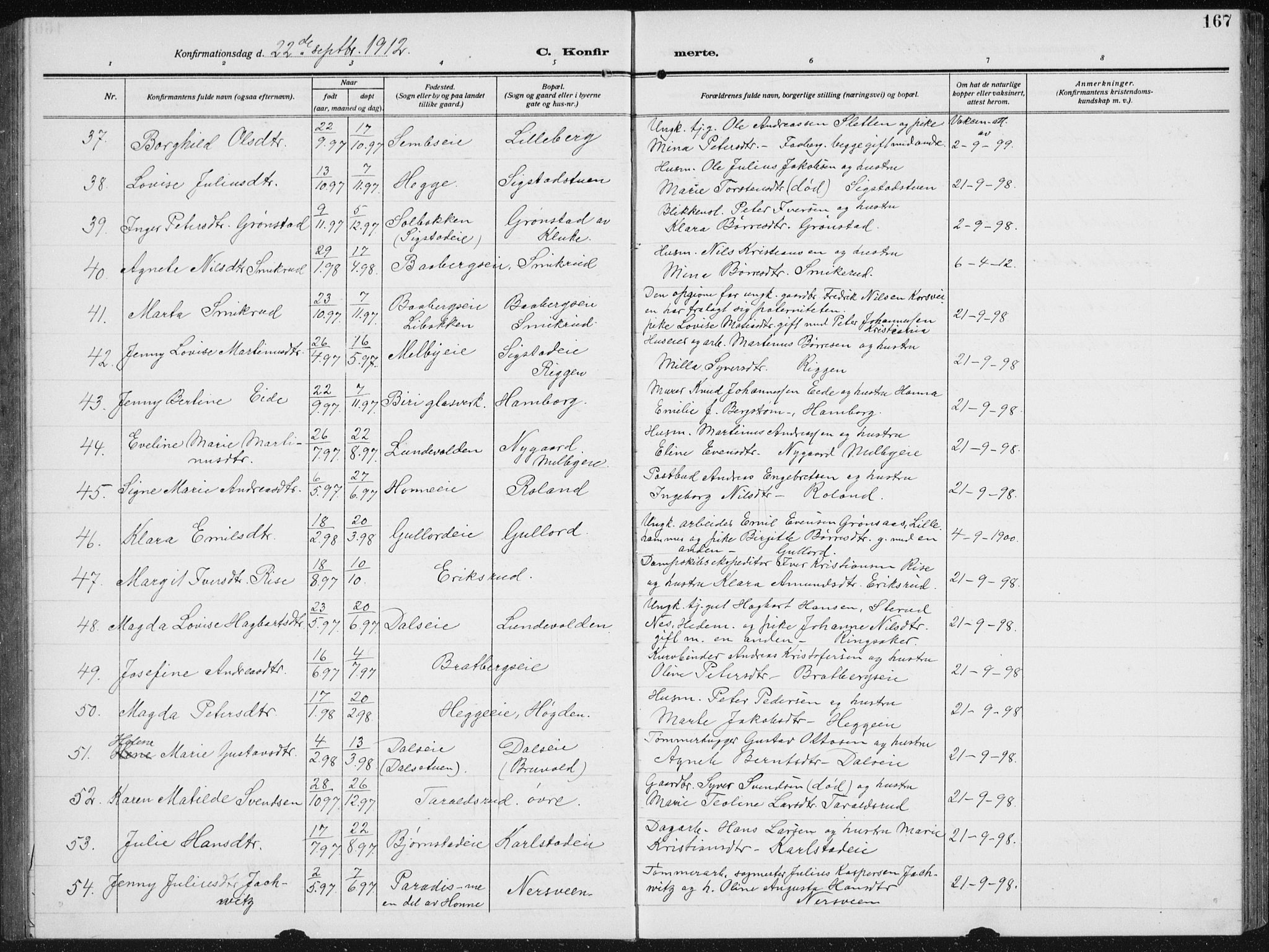 Biri prestekontor, SAH/PREST-096/H/Ha/Hab/L0006: Parish register (copy) no. 6, 1909-1938, p. 167