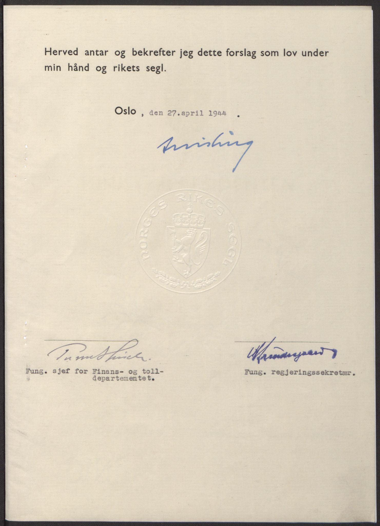NS-administrasjonen 1940-1945 (Statsrådsekretariatet, de kommisariske statsråder mm), RA/S-4279/D/Db/L0100: Lover, 1944, p. 196