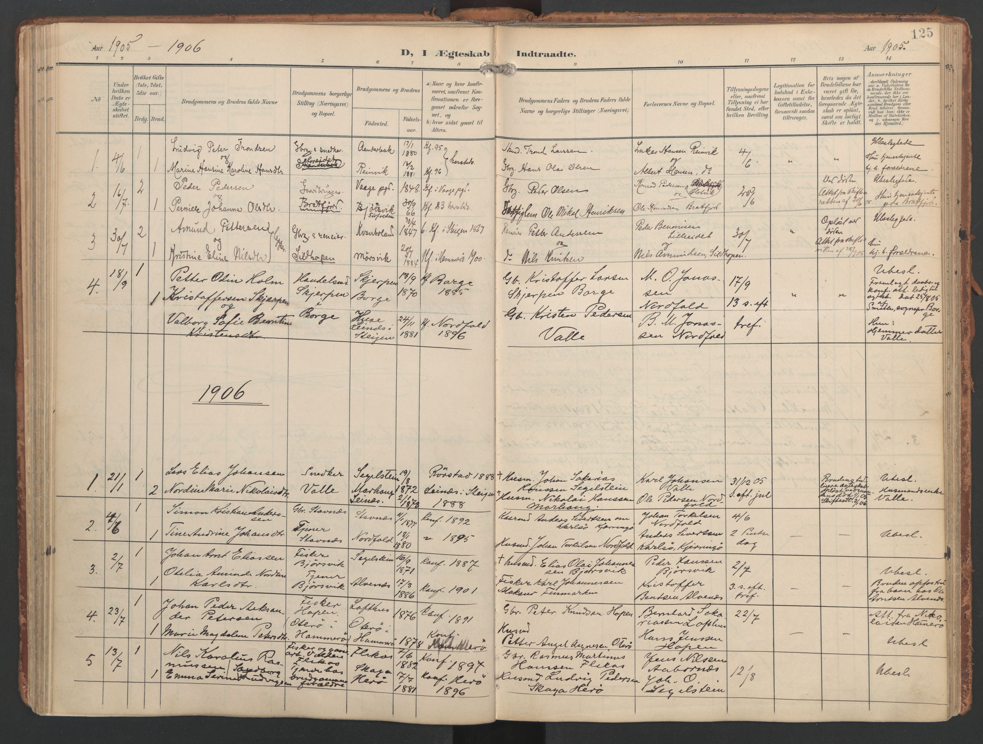 Ministerialprotokoller, klokkerbøker og fødselsregistre - Nordland, AV/SAT-A-1459/858/L0832: Parish register (official) no. 858A02, 1902-1915, p. 125