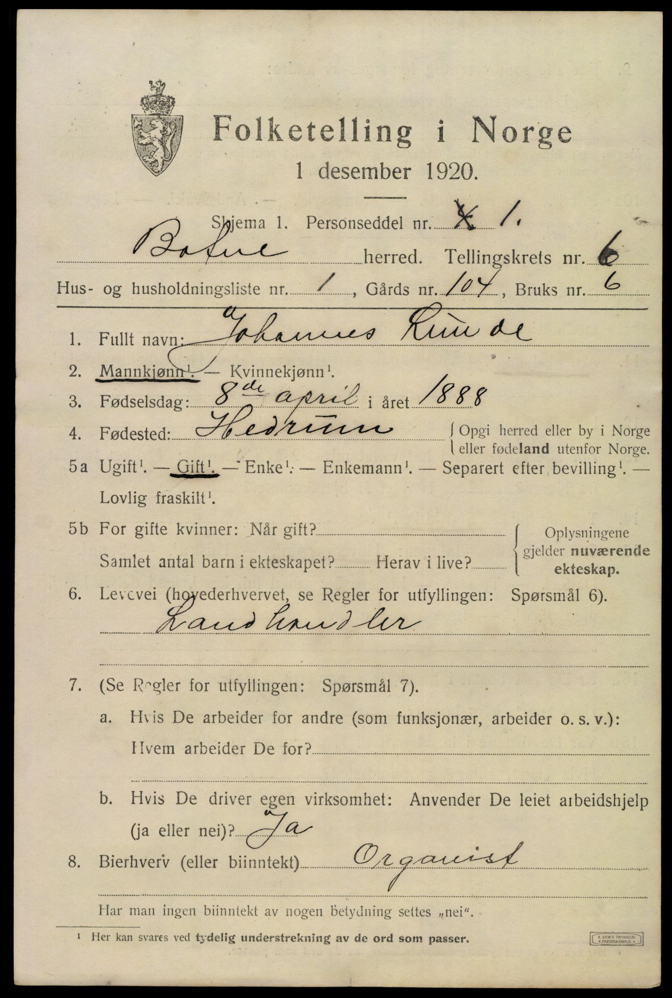 SAKO, 1920 census for Botne, 1920, p. 5075