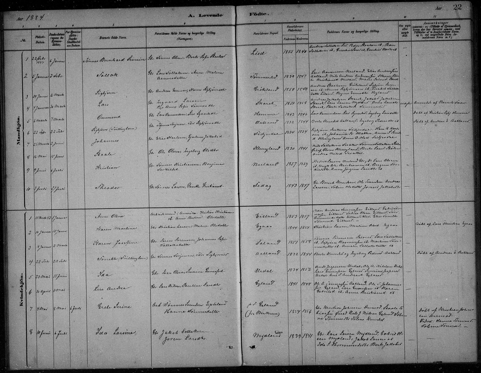 Bakke sokneprestkontor, SAK/1111-0002/F/Fb/Fbb/L0003: Parish register (copy) no. B 3, 1878-1896, p. 22