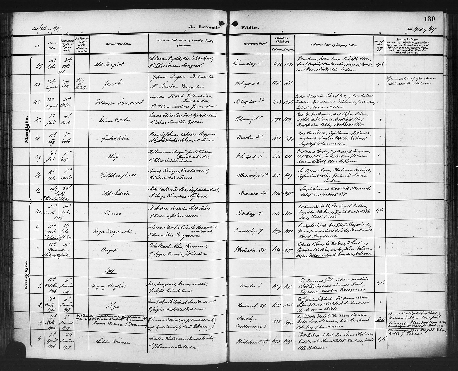 Domkirken sokneprestembete, AV/SAB-A-74801/H/Hab/L0017: Parish register (copy) no. B 10, 1900-1915, p. 130