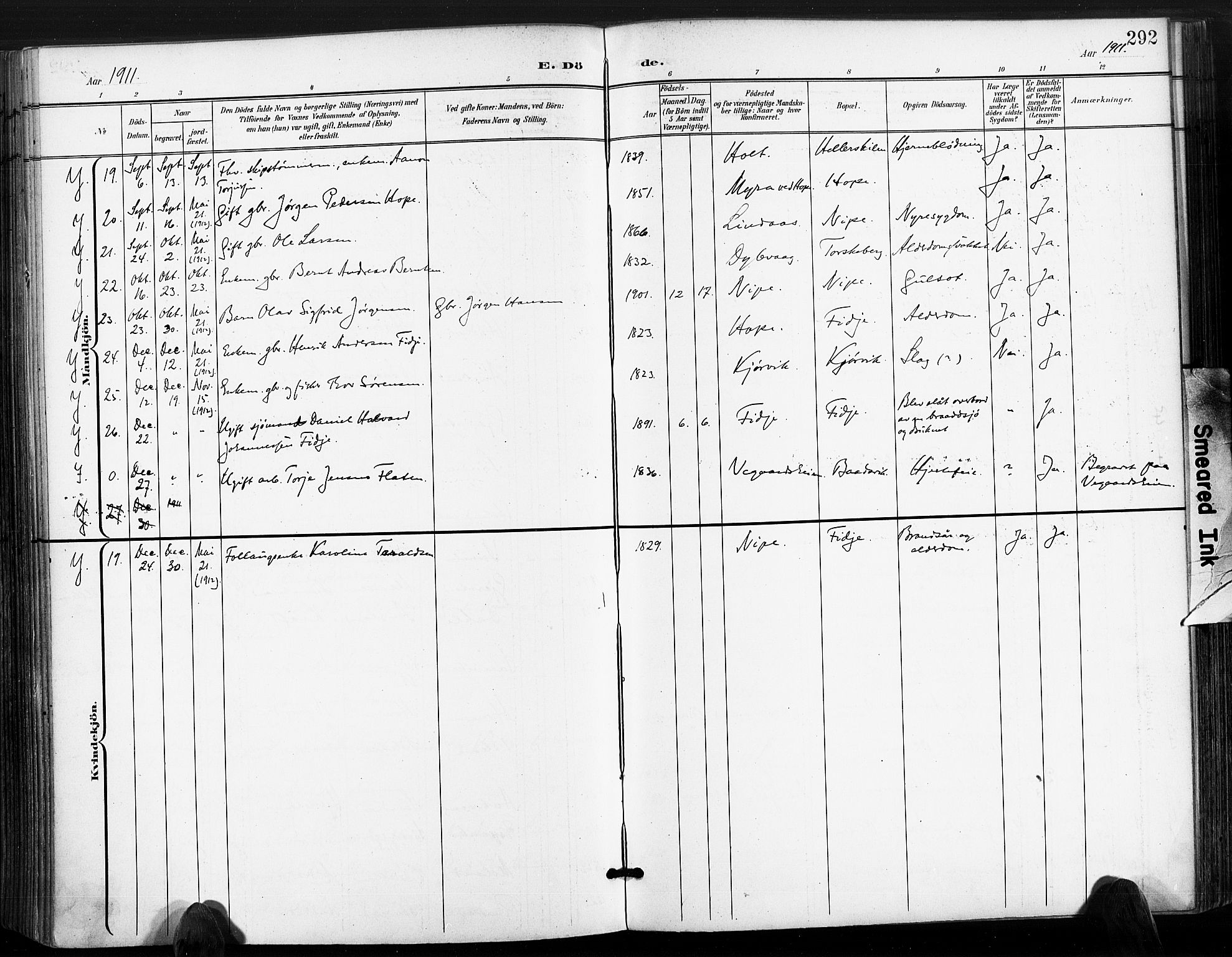 Søndeled sokneprestkontor, SAK/1111-0038/F/Fa/L0006: Parish register (official) no. A 6, 1900-1922, p. 292