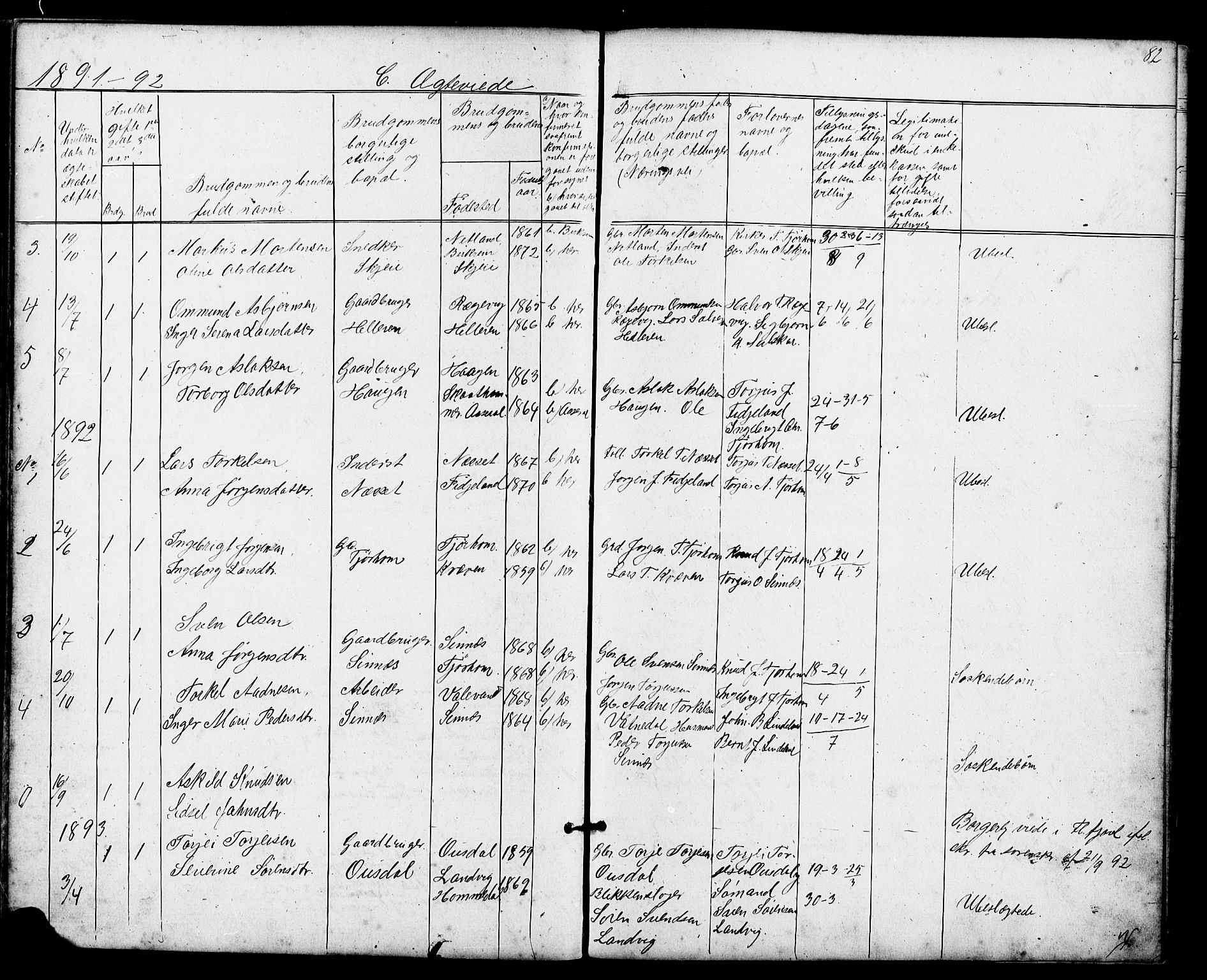 Sirdal sokneprestkontor, SAK/1111-0036/F/Fb/Fba/L0001: Parish register (copy) no. B 1, 1872-1905, p. 82