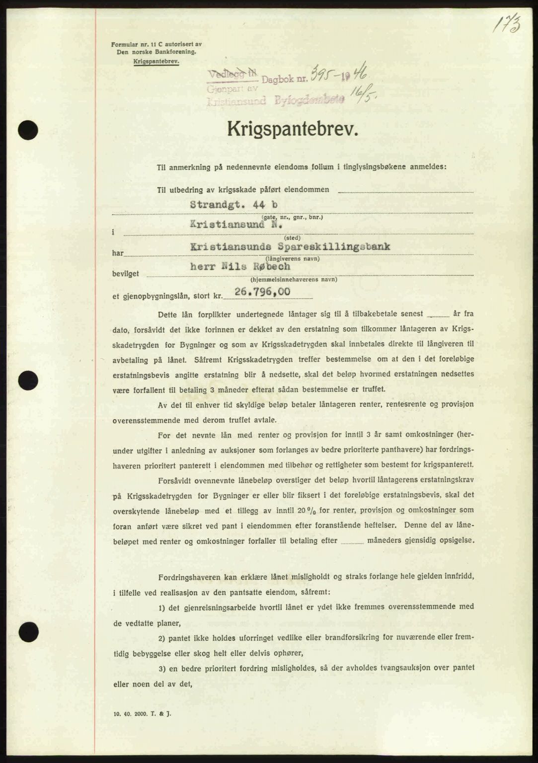 Kristiansund byfogd, AV/SAT-A-4587/A/27: Mortgage book no. 40, 1946-1946, Diary no: : 395/1946