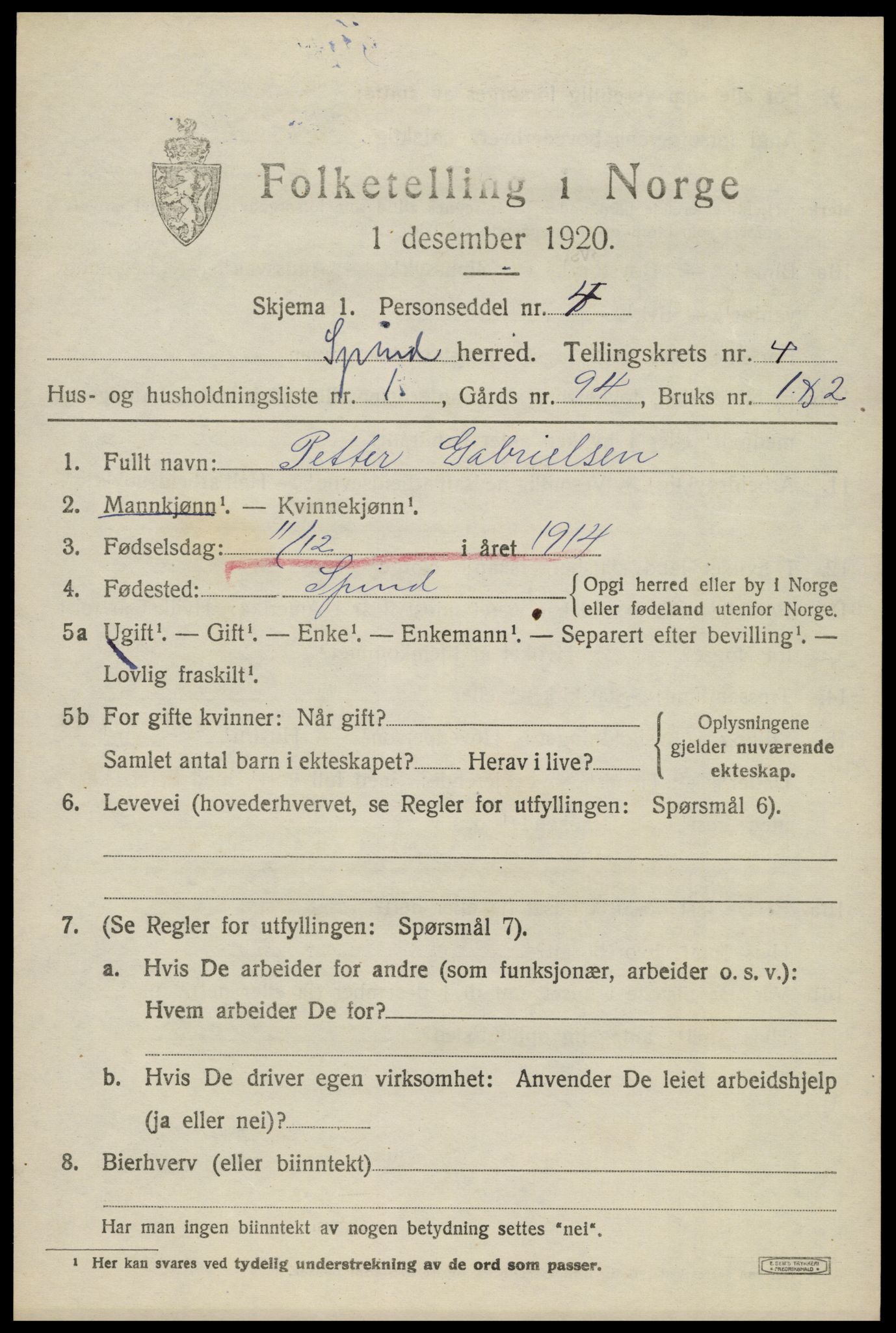 SAK, 1920 census for Spind, 1920, p. 2197