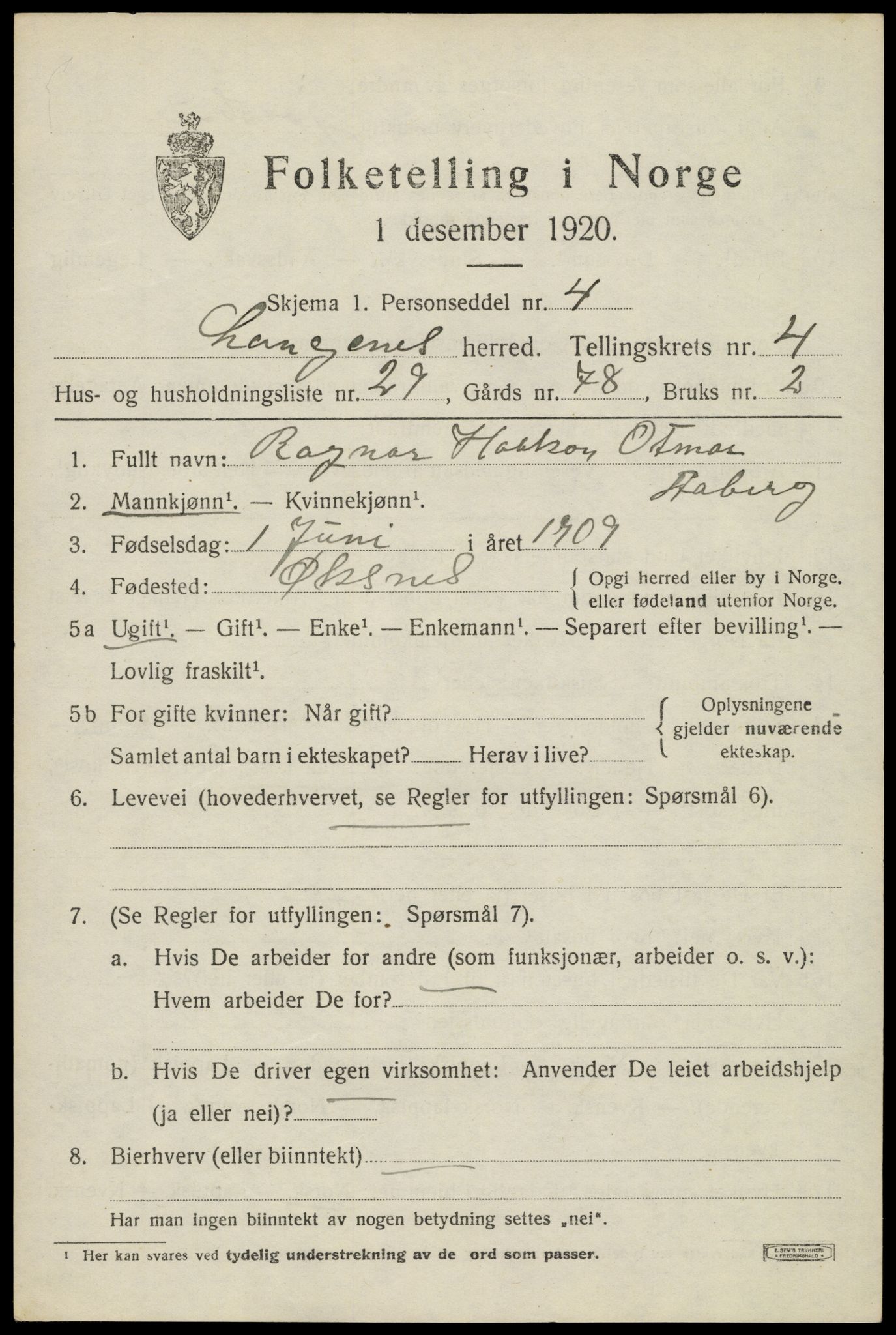 SAT, 1920 census for Langenes, 1920, p. 1952