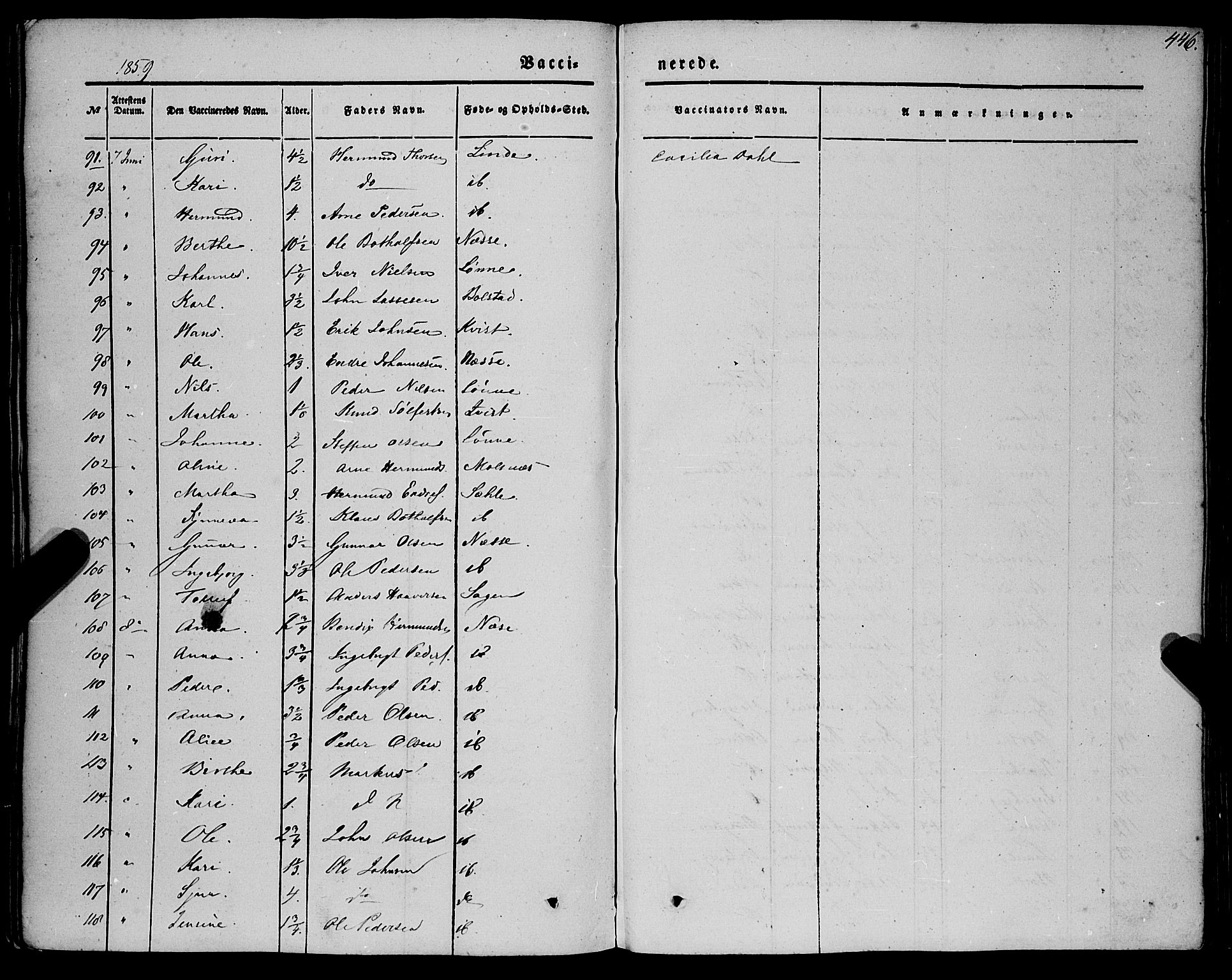 Vik sokneprestembete, SAB/A-81501: Parish register (official) no. A 8, 1846-1865, p. 446