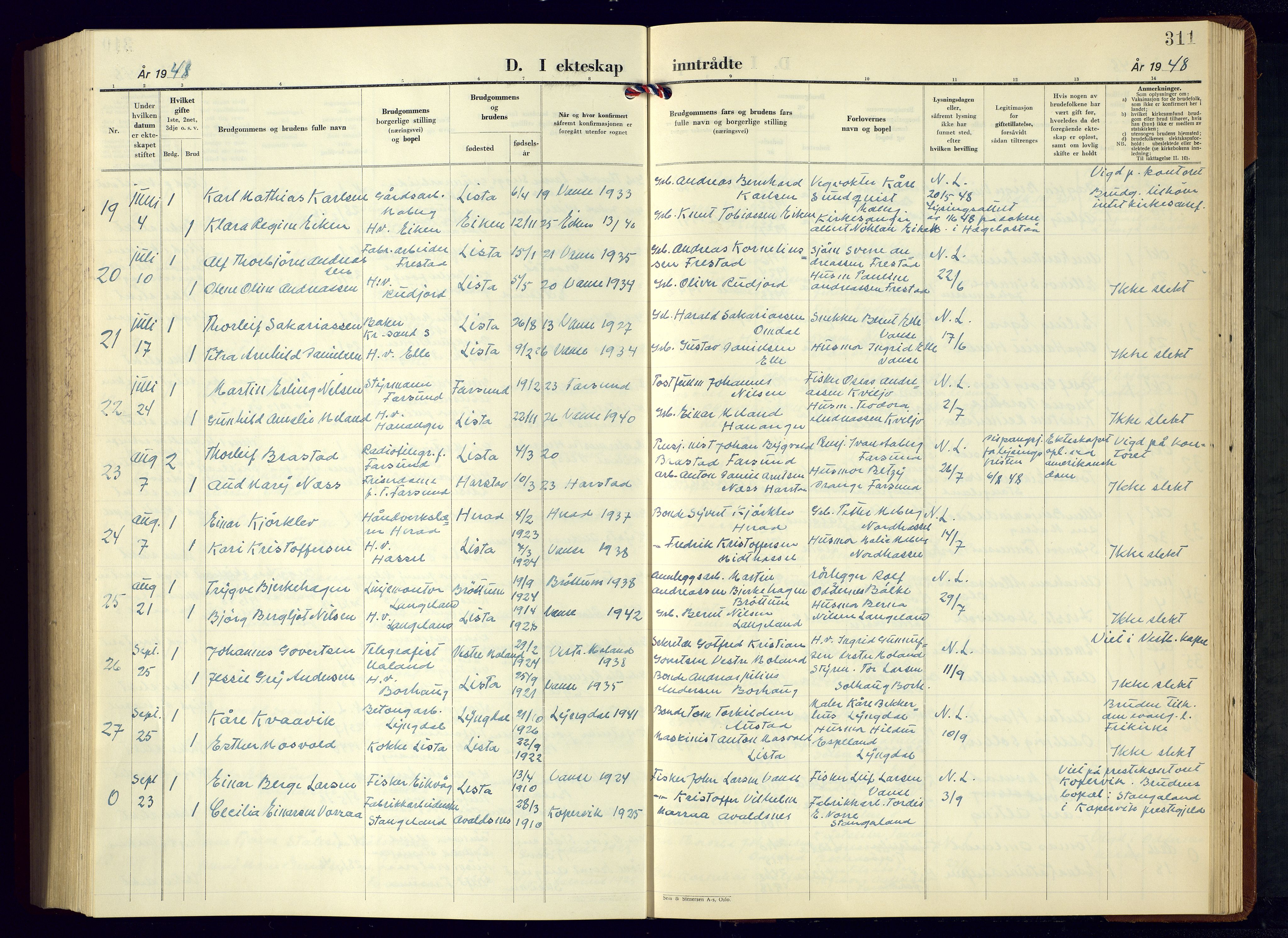 Lista sokneprestkontor, SAK/1111-0027/F/Fb/L0007: Parish register (copy) no. B 7, 1943-1970, p. 311