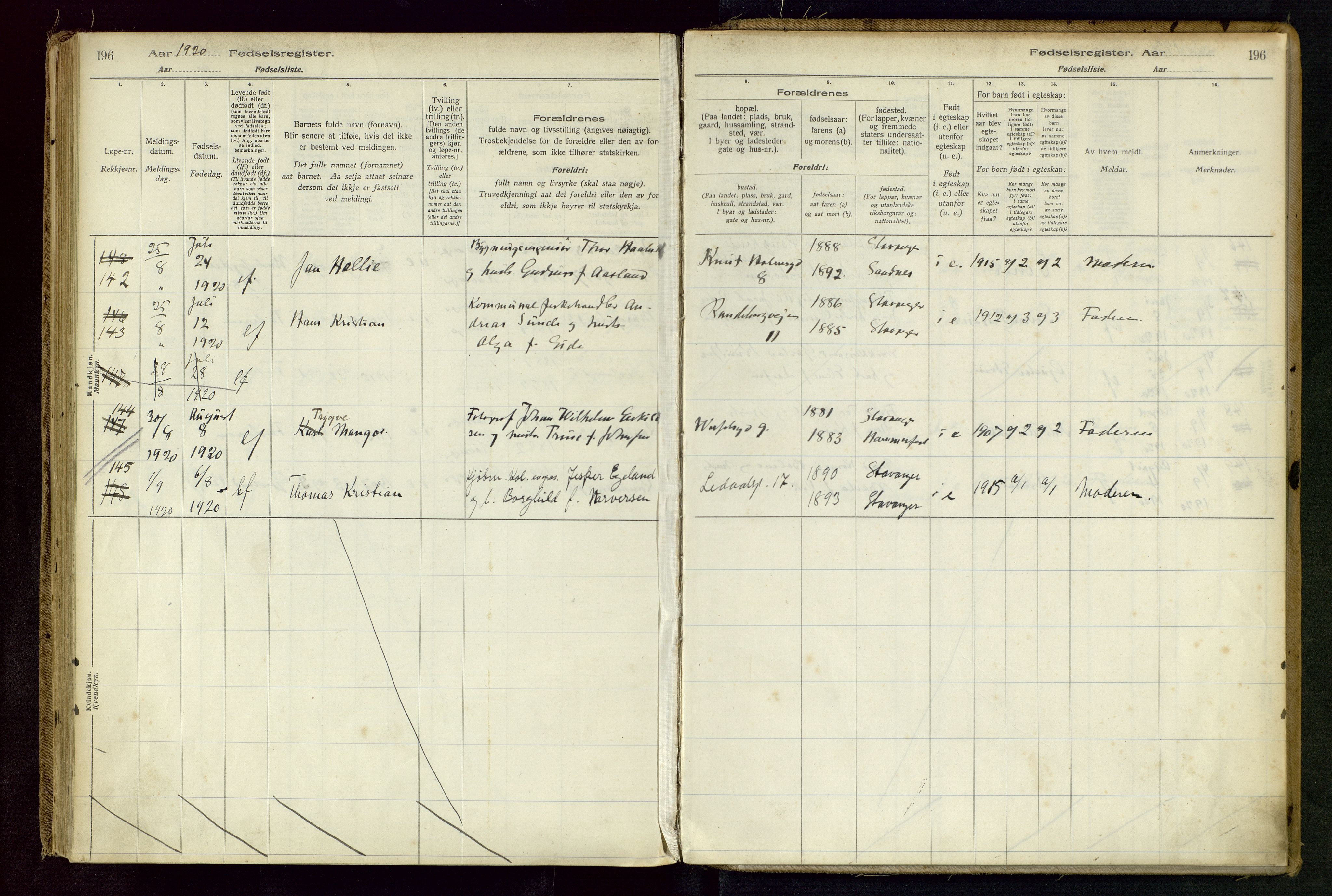 Domkirken sokneprestkontor, AV/SAST-A-101812/002/B/L0001: Birth register no. 1, 1916-1920, p. 196