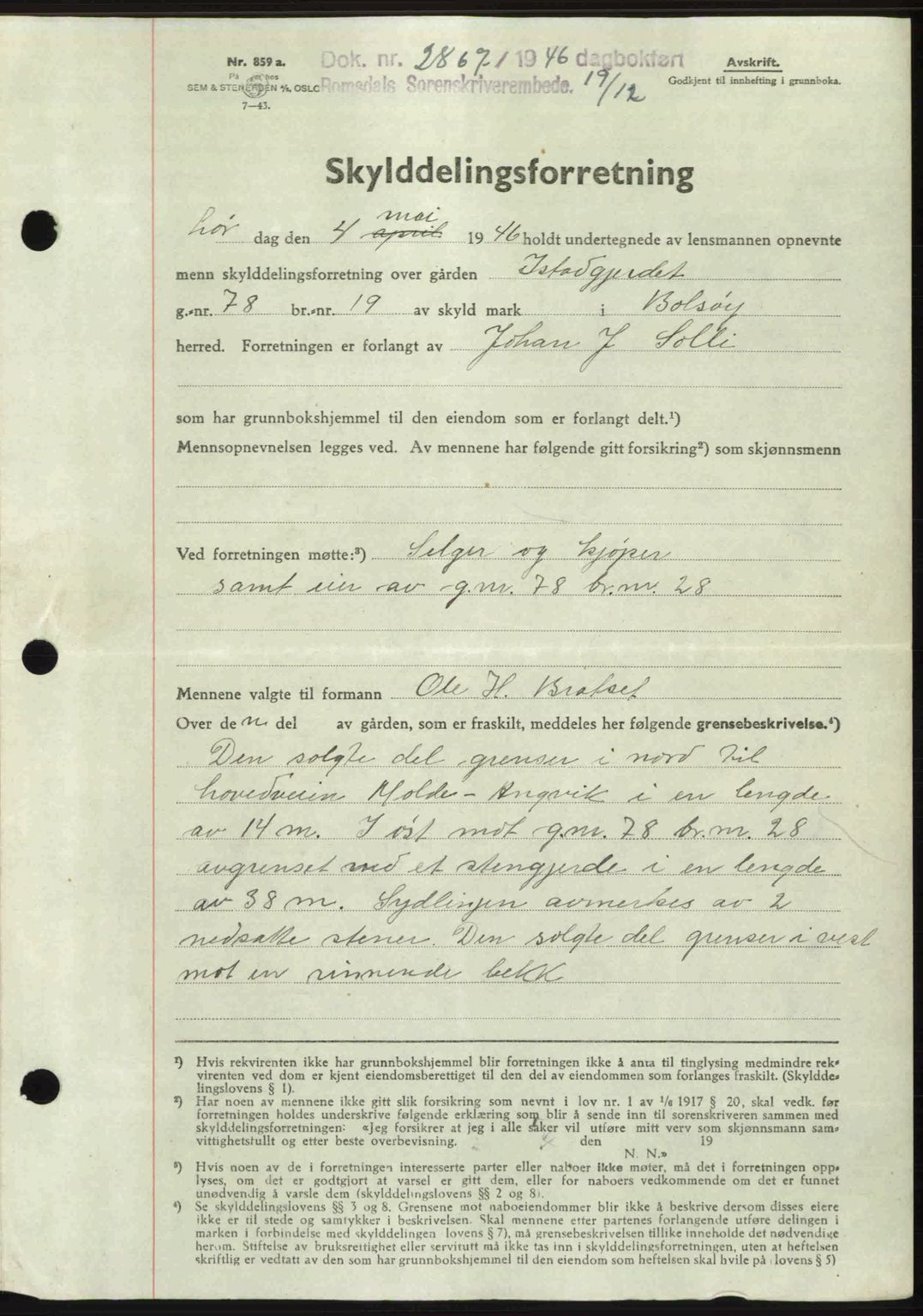 Romsdal sorenskriveri, AV/SAT-A-4149/1/2/2C: Mortgage book no. A21, 1946-1946, Diary no: : 2867/1946