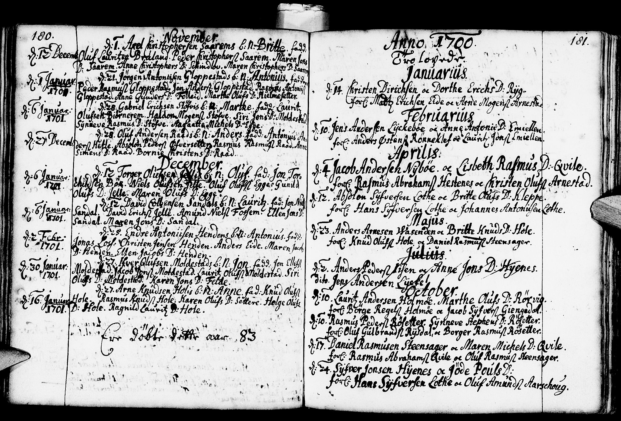 Gloppen sokneprestembete, AV/SAB-A-80101/H/Haa/Haaa/L0001: Parish register (official) no. A 1, 1686-1711, p. 180-181