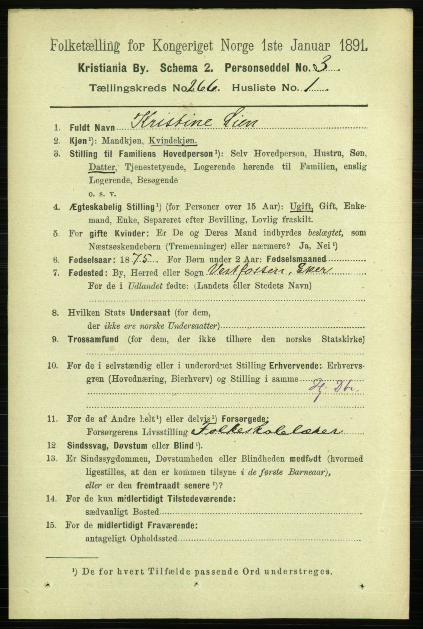 RA, 1891 census for 0301 Kristiania, 1891, p. 161161