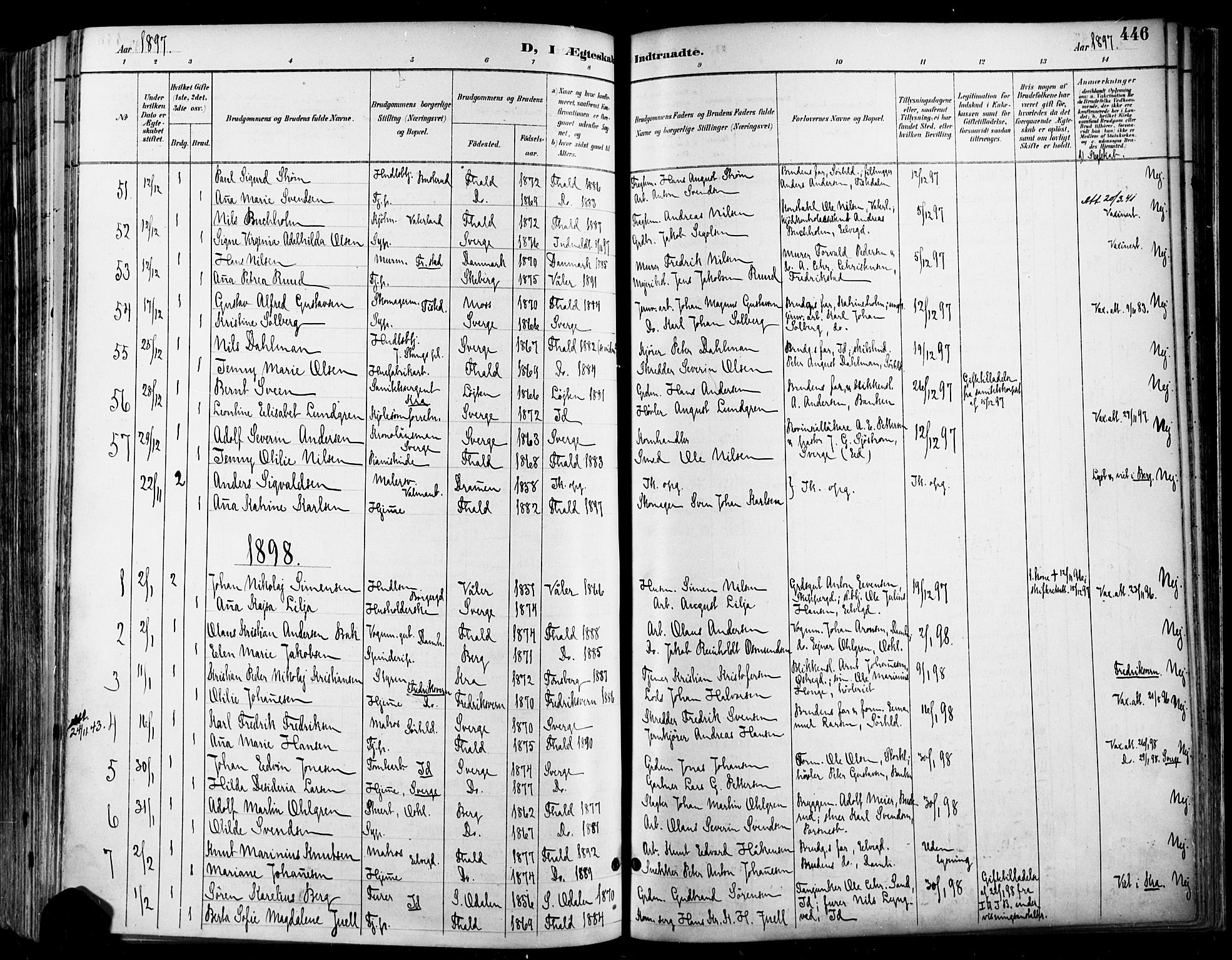 Halden prestekontor Kirkebøker, SAO/A-10909/F/Fa/L0013: Parish register (official) no. I 13, 1890-1906, p. 446