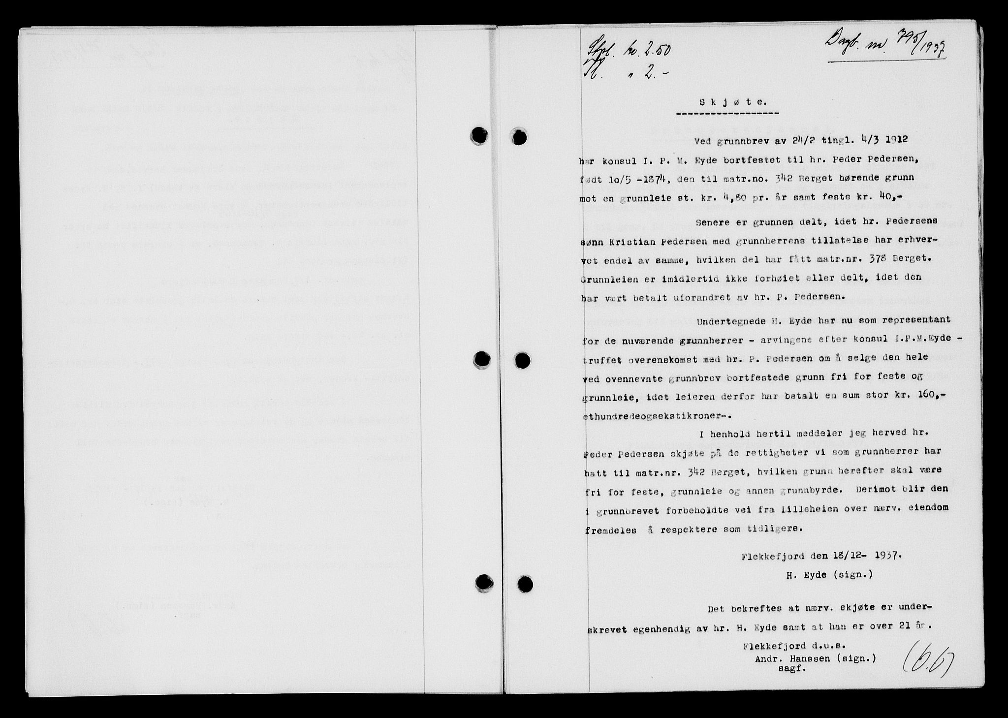 Flekkefjord sorenskriveri, AV/SAK-1221-0001/G/Gb/Gba/L0054: Mortgage book no. A-2, 1937-1938, Diary no: : 795/1937