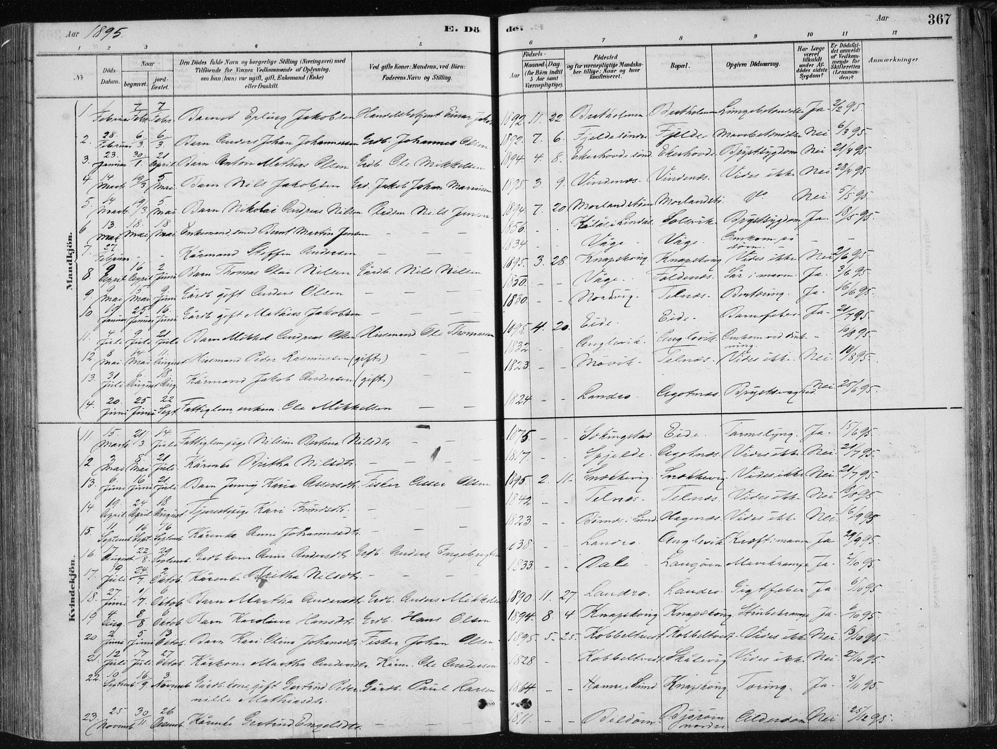 Fjell sokneprestembete, SAB/A-75301/H/Haa: Parish register (official) no. A  8, 1878-1898, p. 367