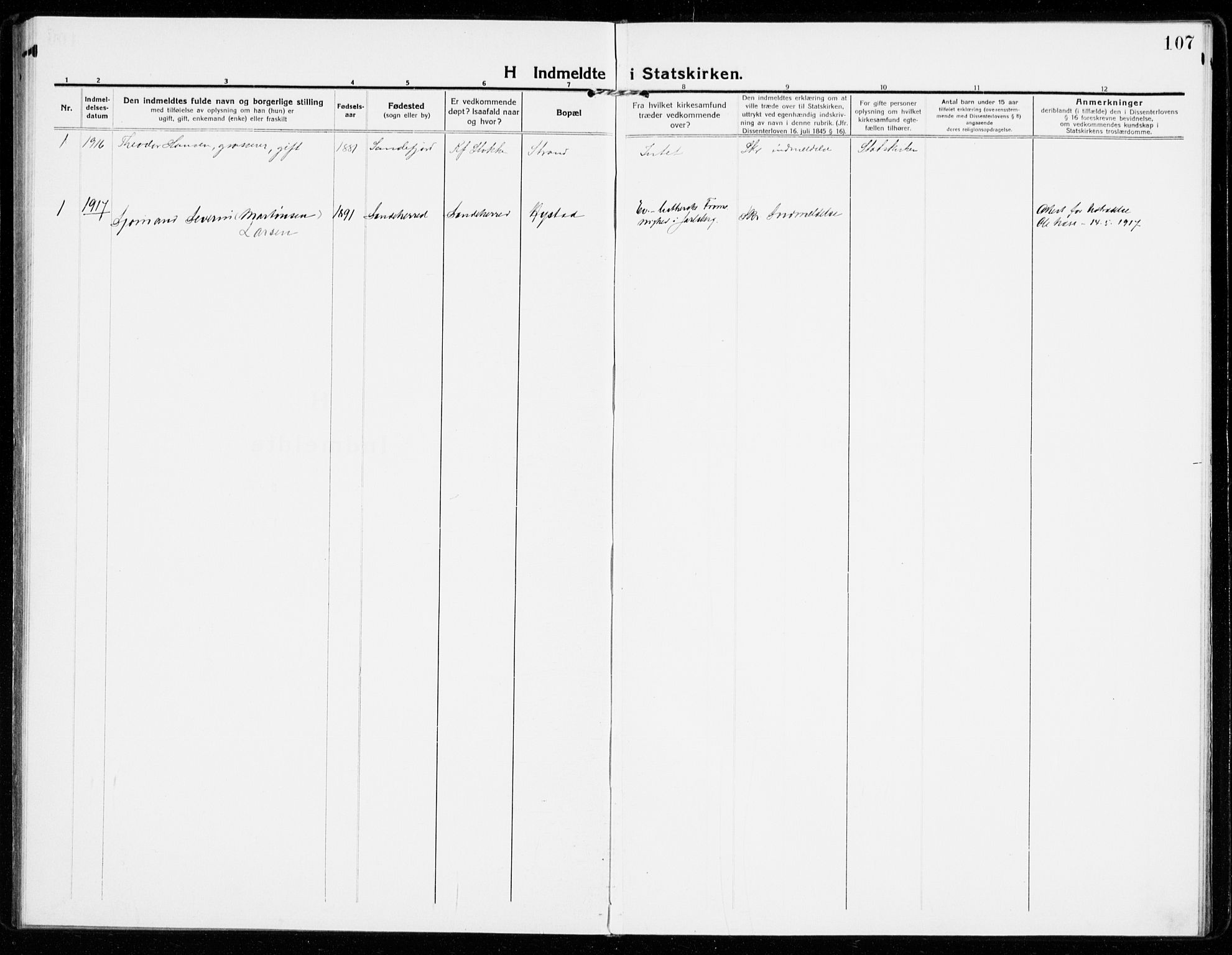 Sandar kirkebøker, SAKO/A-243/F/Fa/L0020: Parish register (official) no. 20, 1915-1919, p. 107