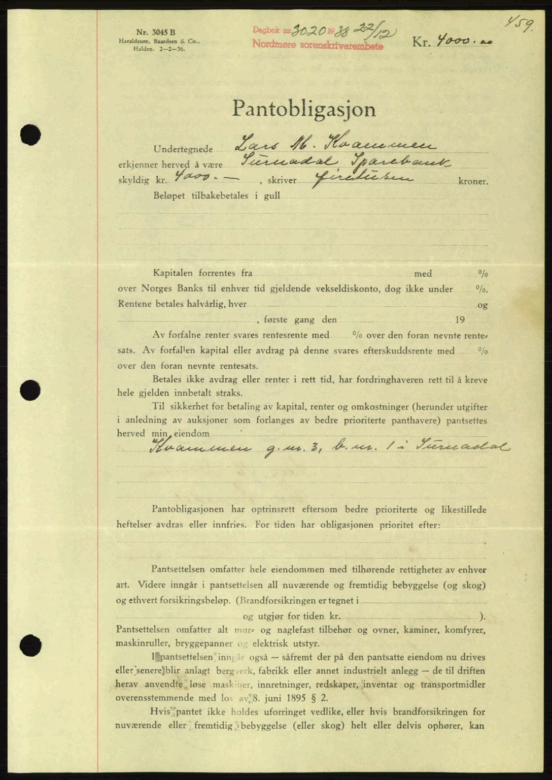 Nordmøre sorenskriveri, SAT/A-4132/1/2/2Ca: Mortgage book no. B84, 1938-1939, Diary no: : 3020/1938