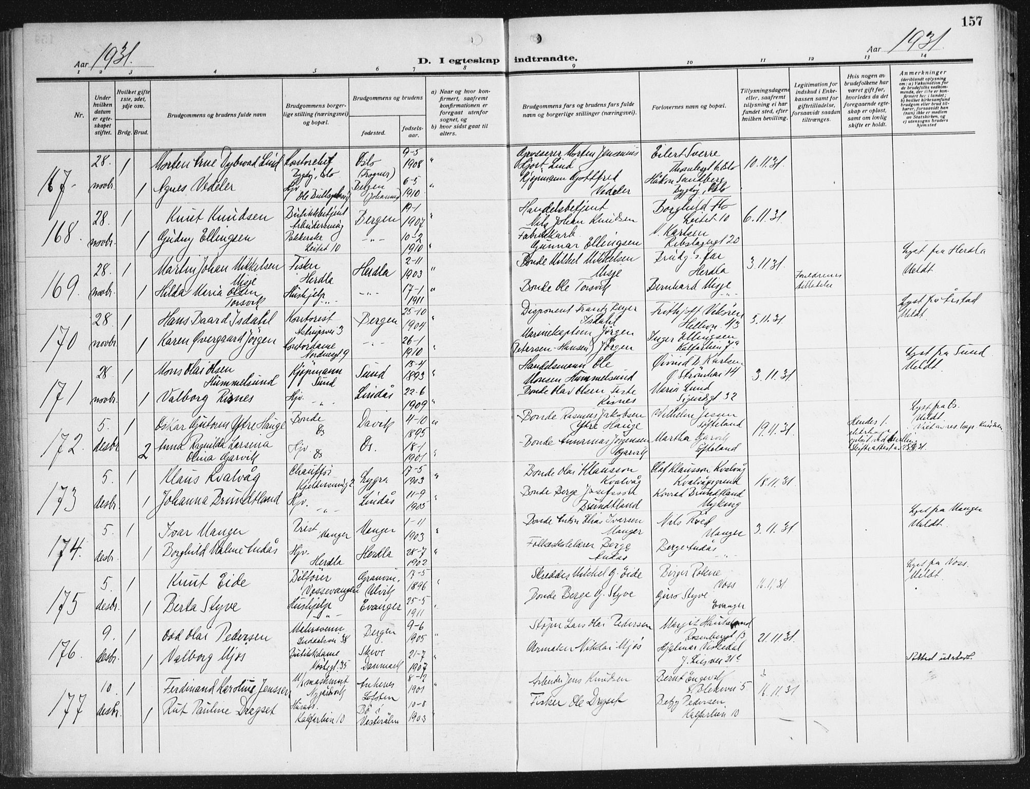 Domkirken sokneprestembete, AV/SAB-A-74801/H/Haa/L0039: Parish register (official) no. D 6, 1921-1937, p. 157