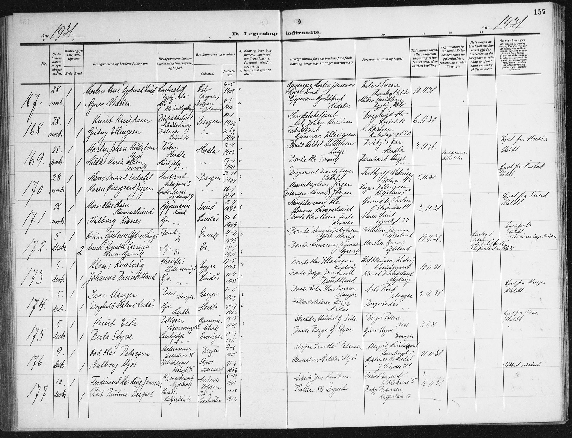 Domkirken sokneprestembete, AV/SAB-A-74801/H/Haa/L0039: Parish register (official) no. D 6, 1921-1937, p. 157