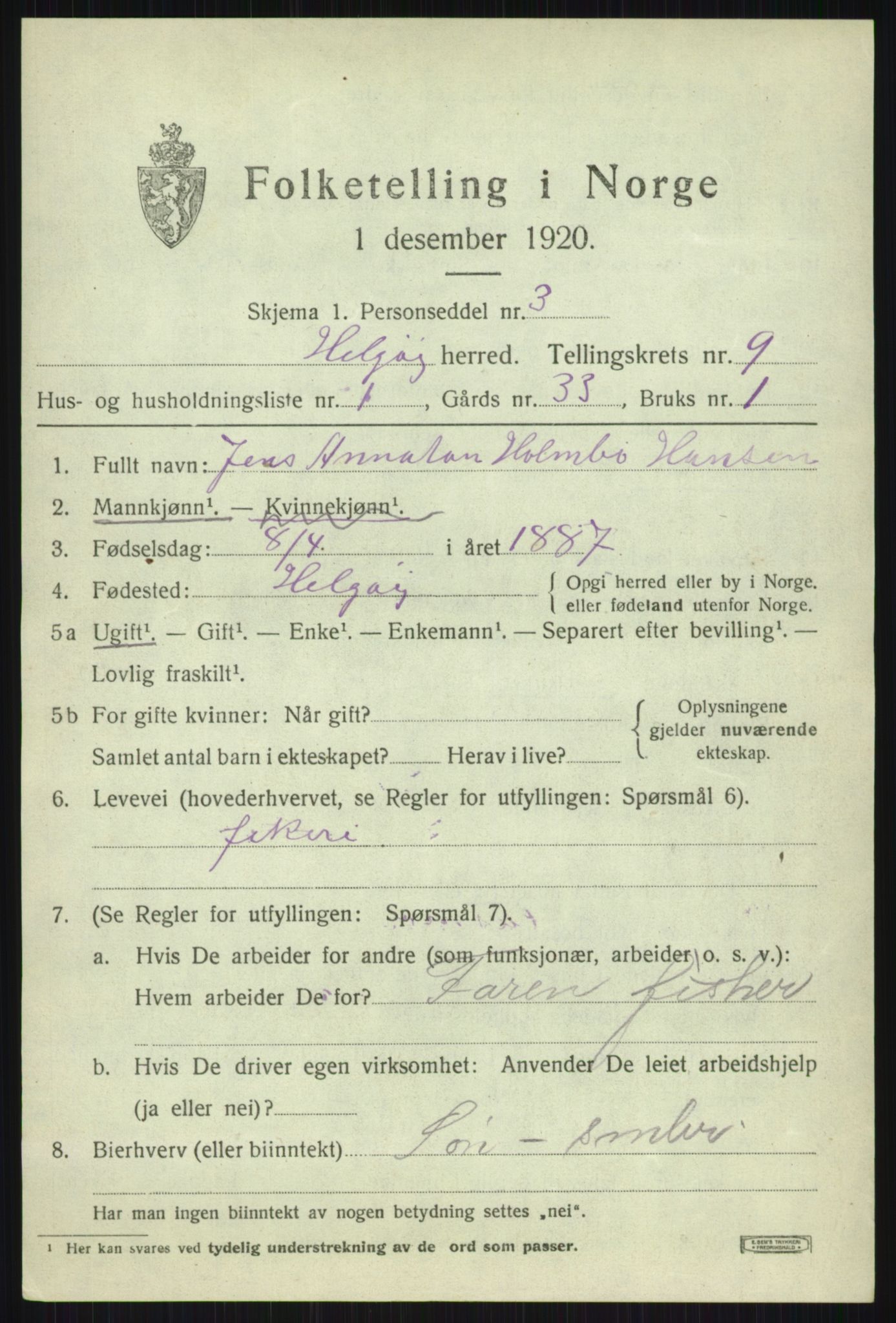 SATØ, 1920 census for Helgøy, 1920, p. 3213