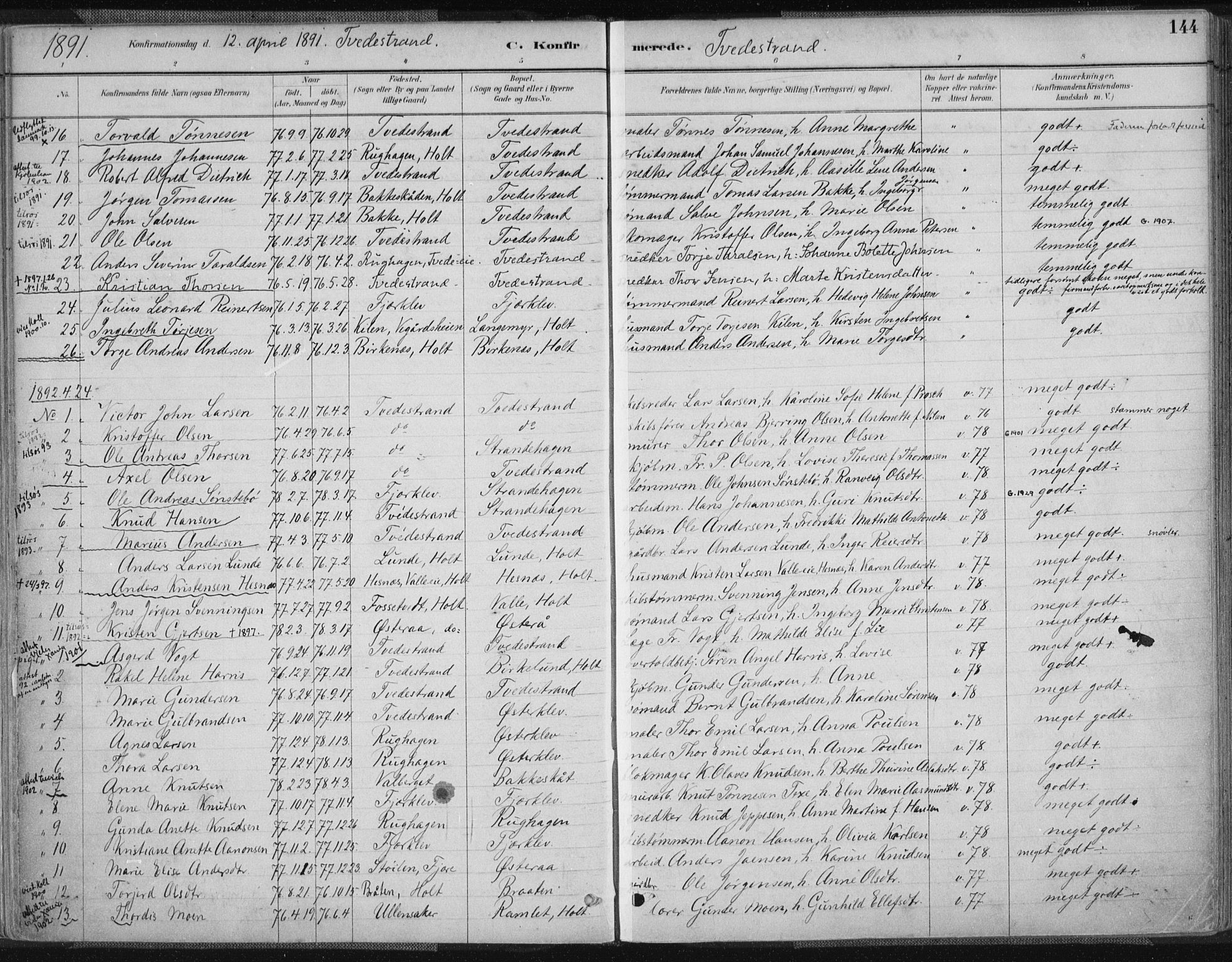 Tvedestrand sokneprestkontor, AV/SAK-1111-0042/F/Fa/L0001: Parish register (official) no. A 1, 1885-1916, p. 144