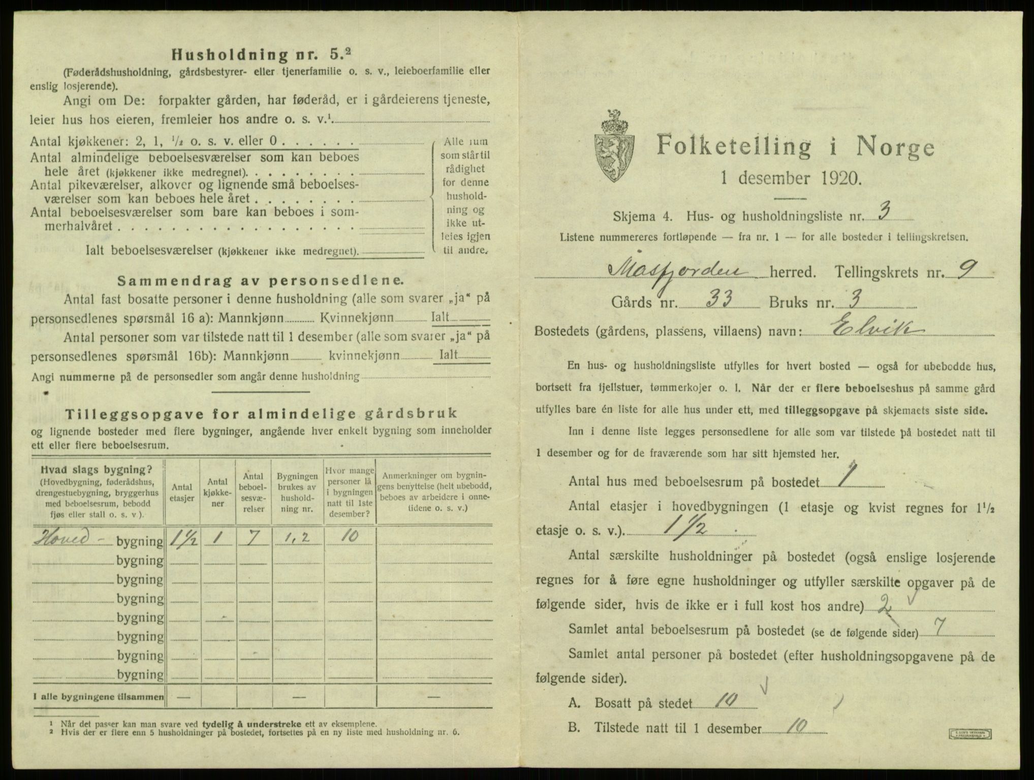 SAB, 1920 census for Masfjorden, 1920, p. 430