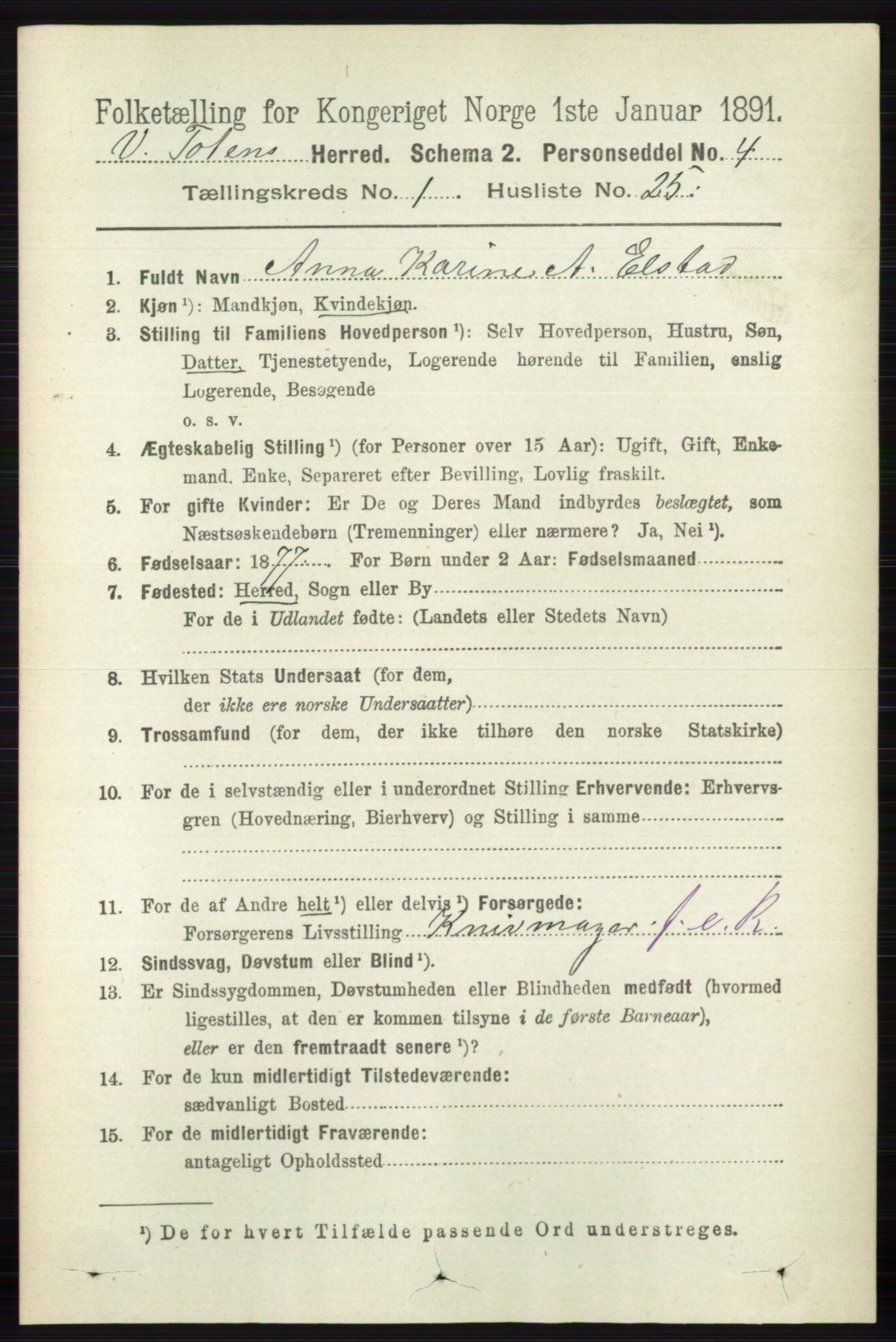 RA, 1891 census for 0529 Vestre Toten, 1891, p. 350