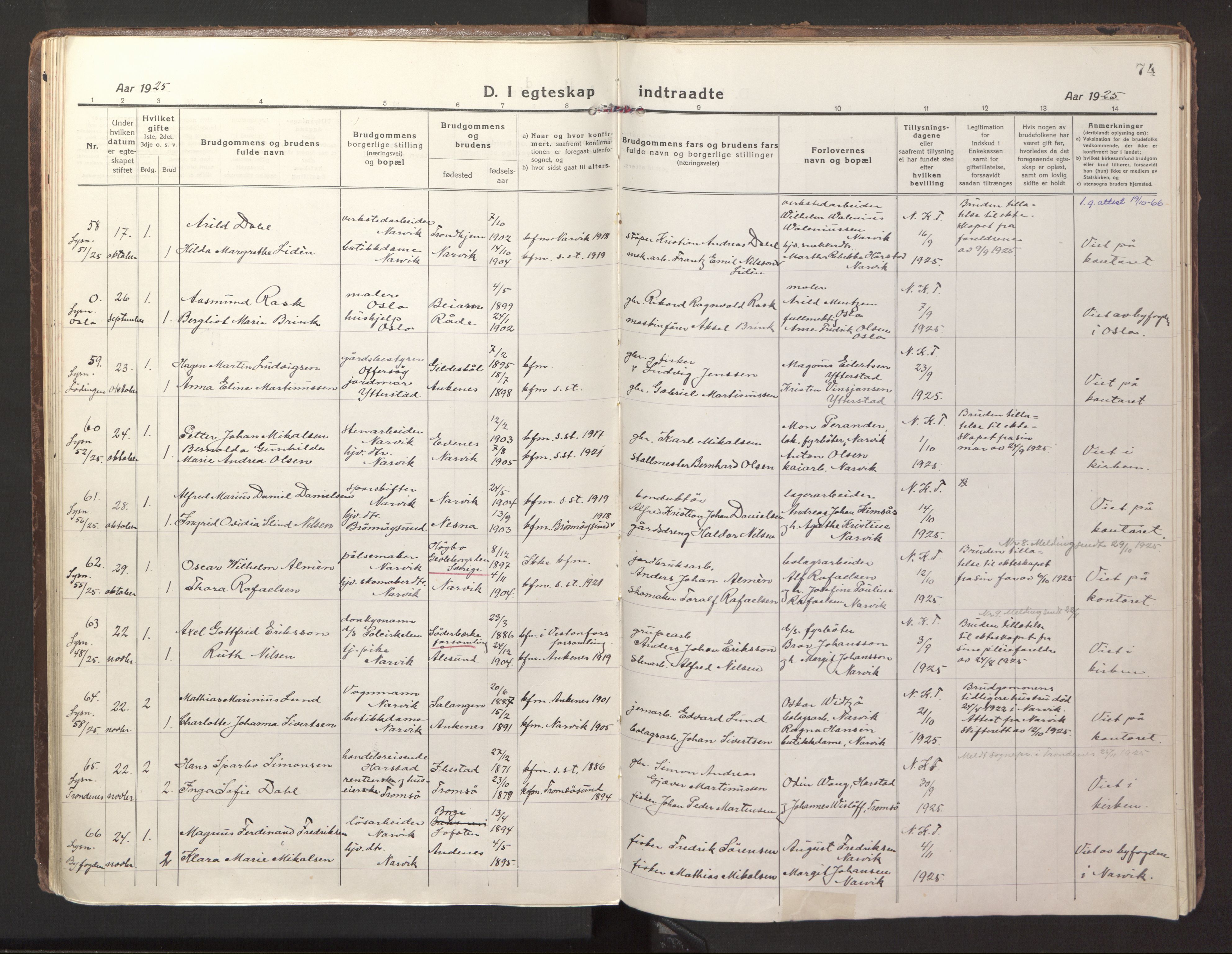 Ministerialprotokoller, klokkerbøker og fødselsregistre - Nordland, AV/SAT-A-1459/871/L1002: Parish register (official) no. 871A18, 1917-1926, p. 74