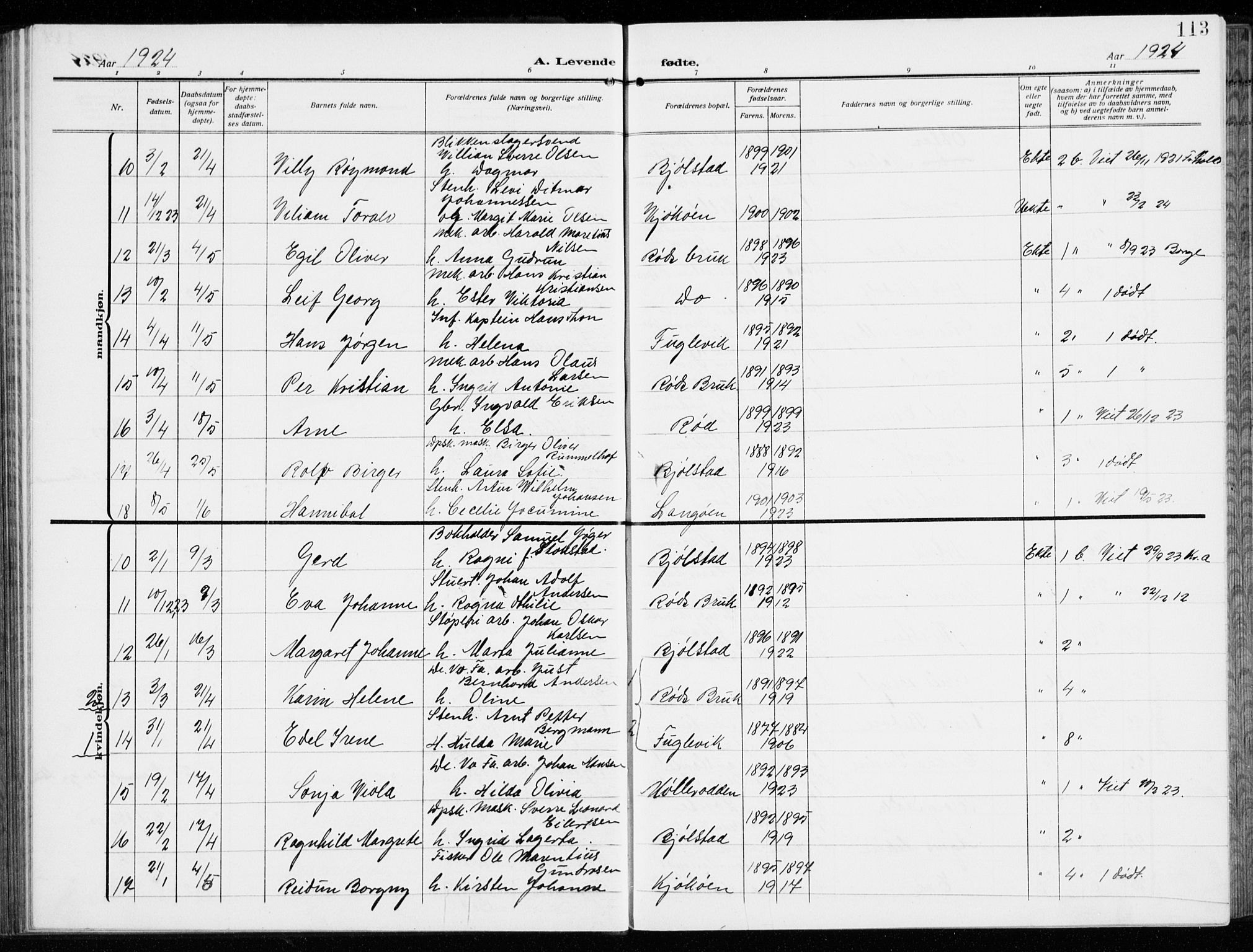 Kråkerøy prestekontor Kirkebøker, AV/SAO-A-10912/G/Ga/L0001: Parish register (copy) no. 1, 1908-1944, p. 113