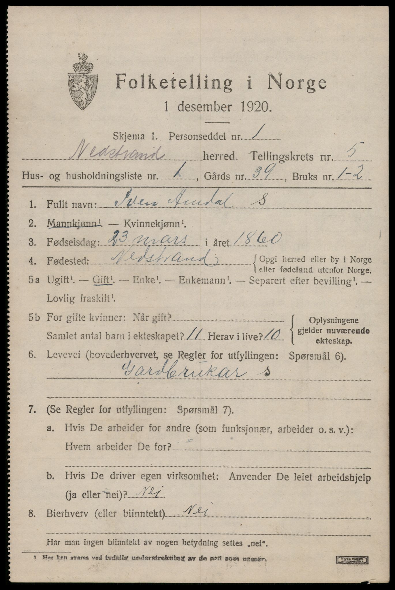 SAST, 1920 census for Nedstrand, 1920, p. 2267